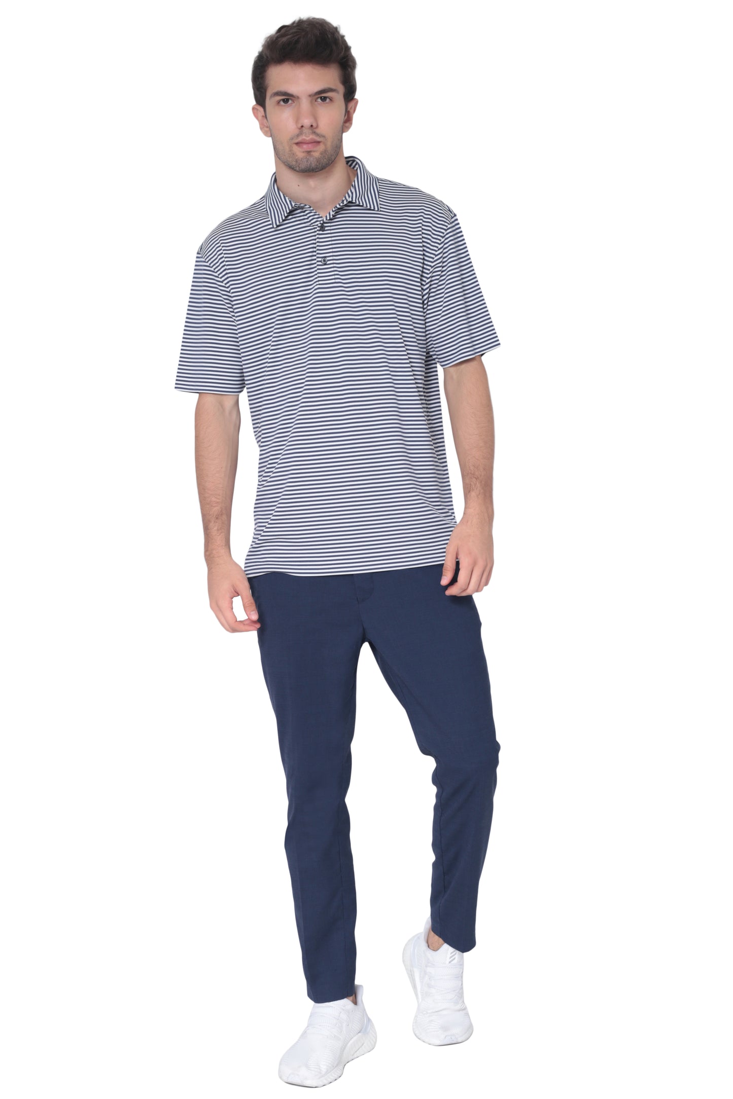 AVA Athletica Men's Polo Collar Moisture-Wick Active Wear Fine Striped T-Shirt Navy