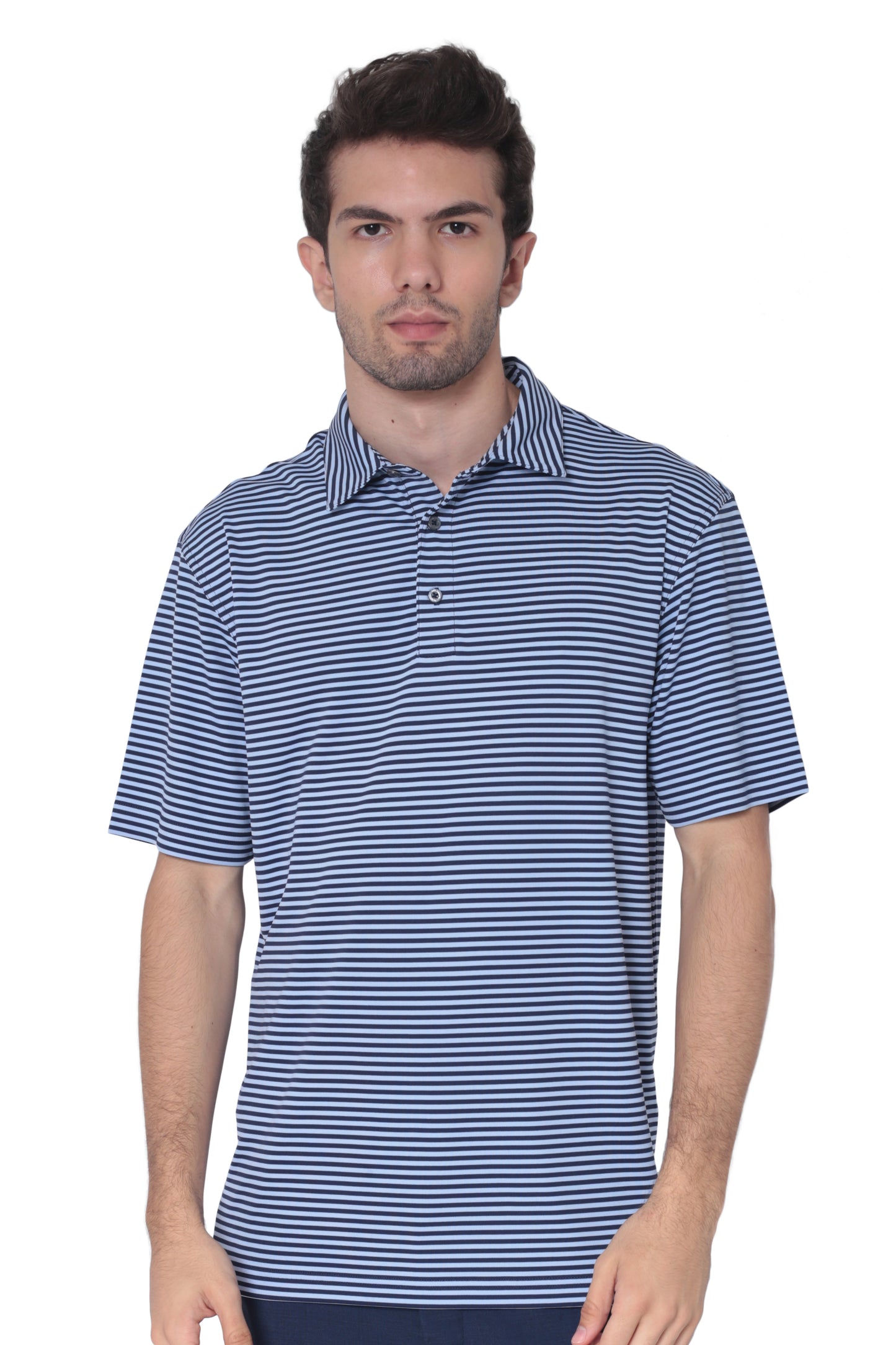 AVA Athletica Men's Polo Collar Moisture-Wick Active Wear Fine Striped T-Shirt Dark Blue