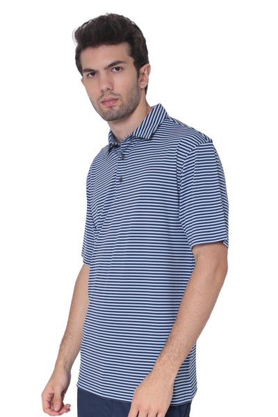 AVA Athletica Men's Polo Collar Moisture-Wick Active Wear Fine Striped T-Shirt Dark Blue