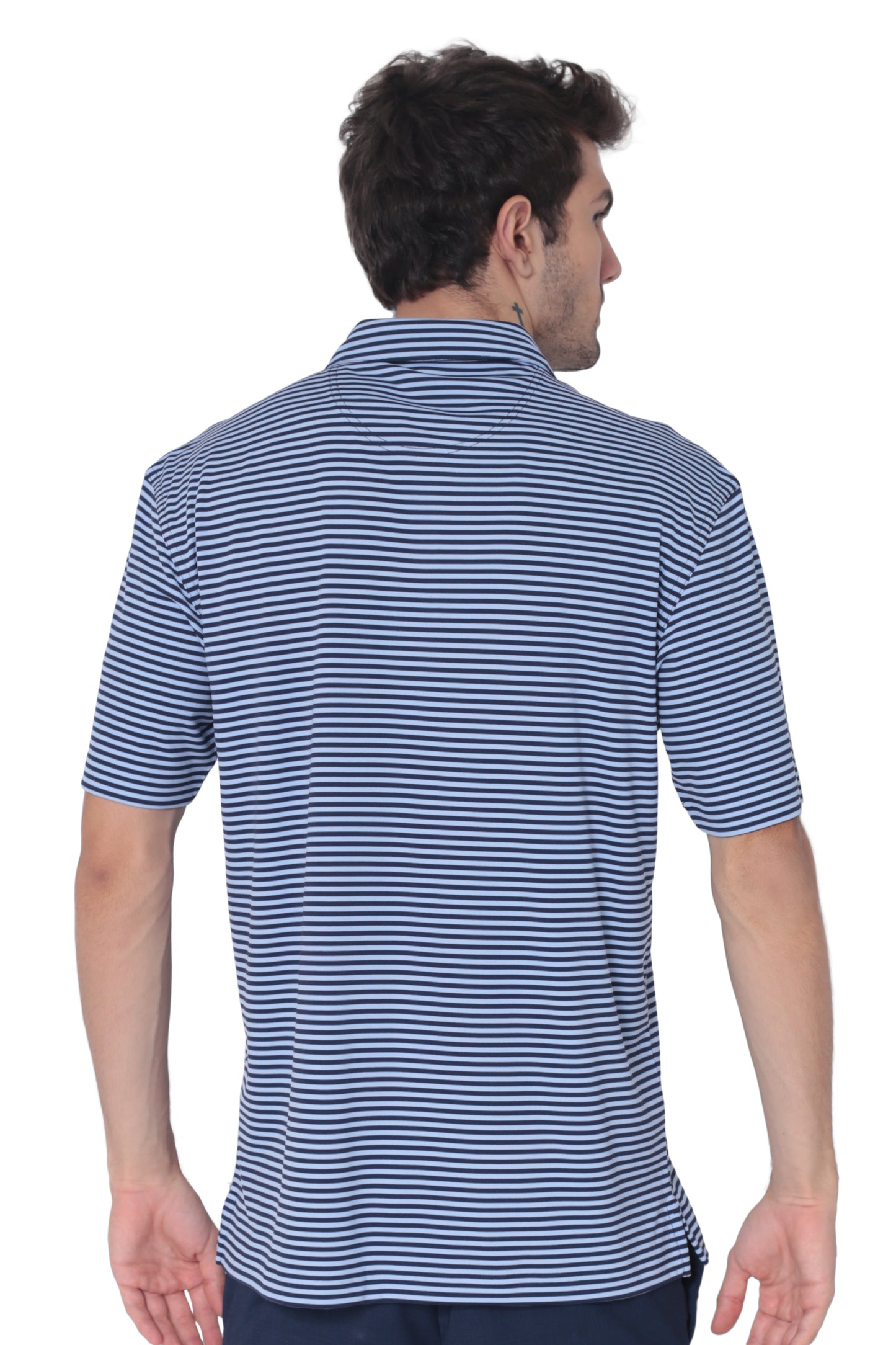 AVA Athletica Men's Polo Collar Moisture-Wick Active Wear Fine Striped T-Shirt Dark Blue