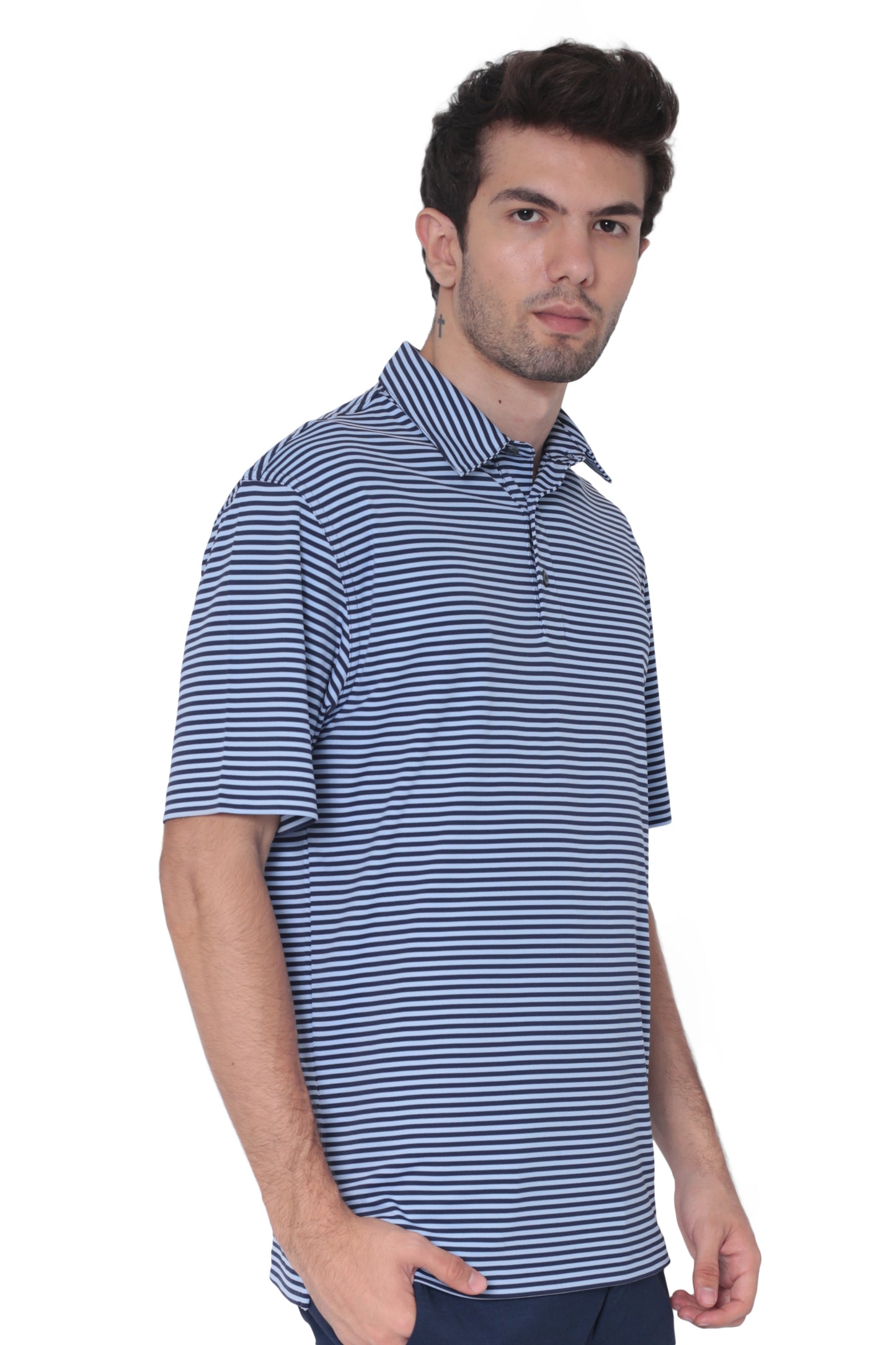 AVA Athletica Men's Polo Collar Moisture-Wick Active Wear Fine Striped T-Shirt Dark Blue