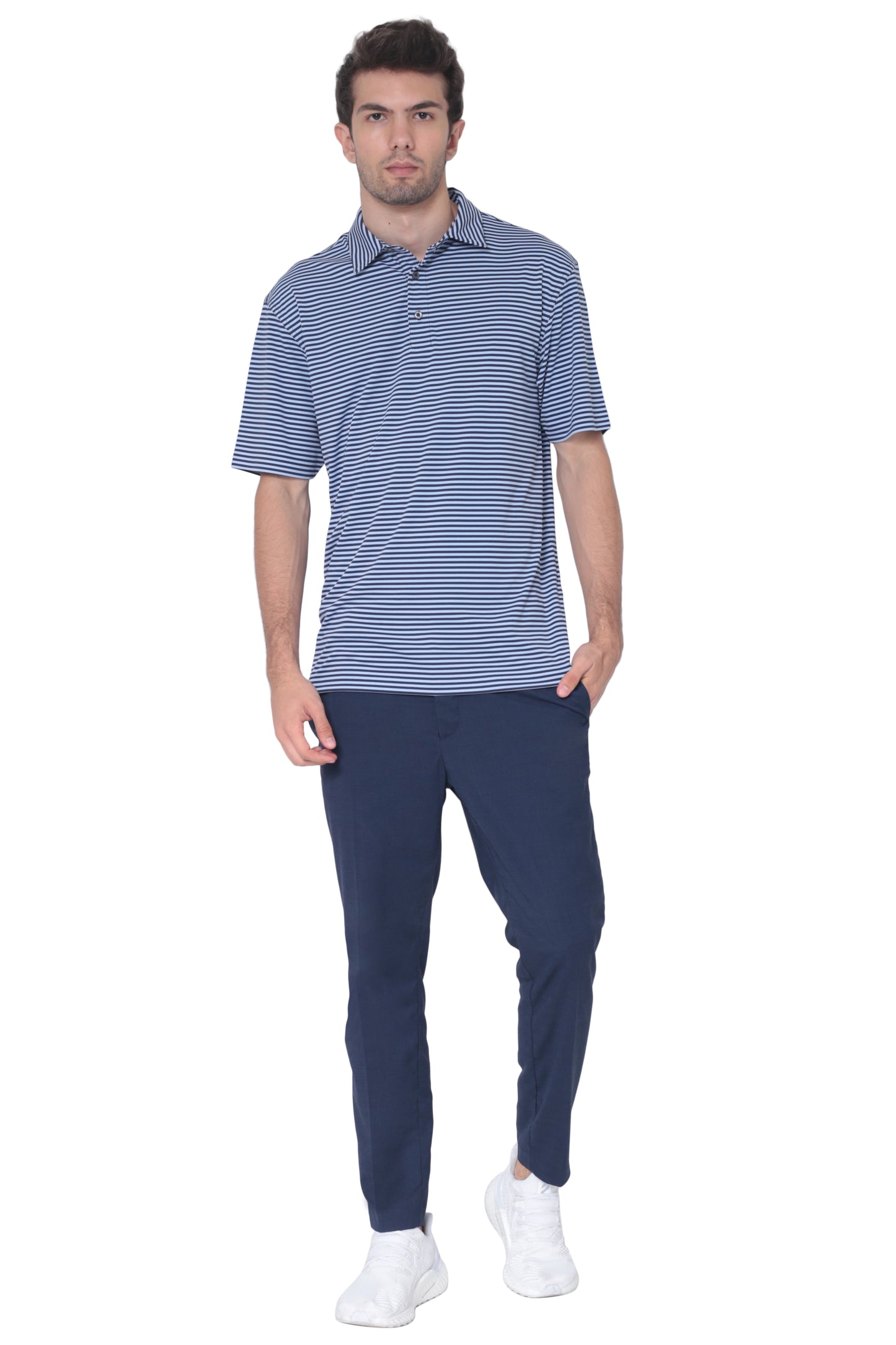 AVA Athletica Men's Polo Collar Moisture-Wick Active Wear Fine Striped T-Shirt Dark Blue