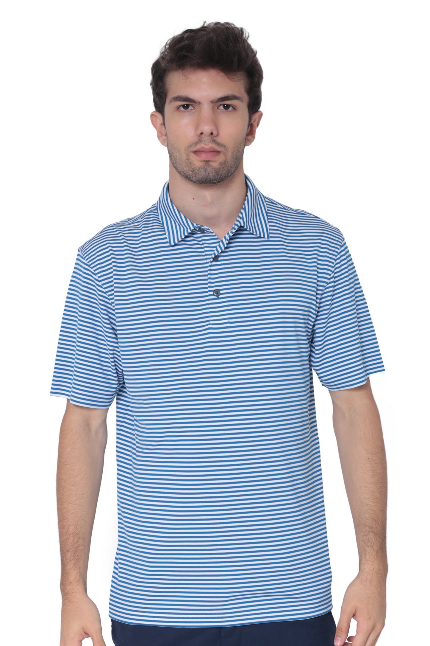 AVA Athletica Men's Polo Collar Moisture-Wick Active Wear Fine Striped T-Shirt Blue