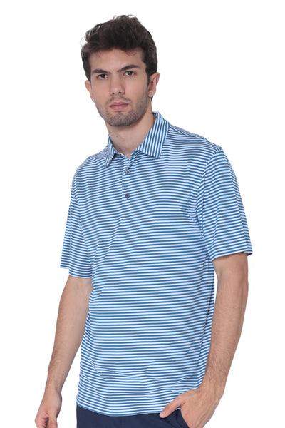 AVA Athletica Men's Polo Collar Moisture-Wick Active Wear Fine Striped T-Shirt Blue