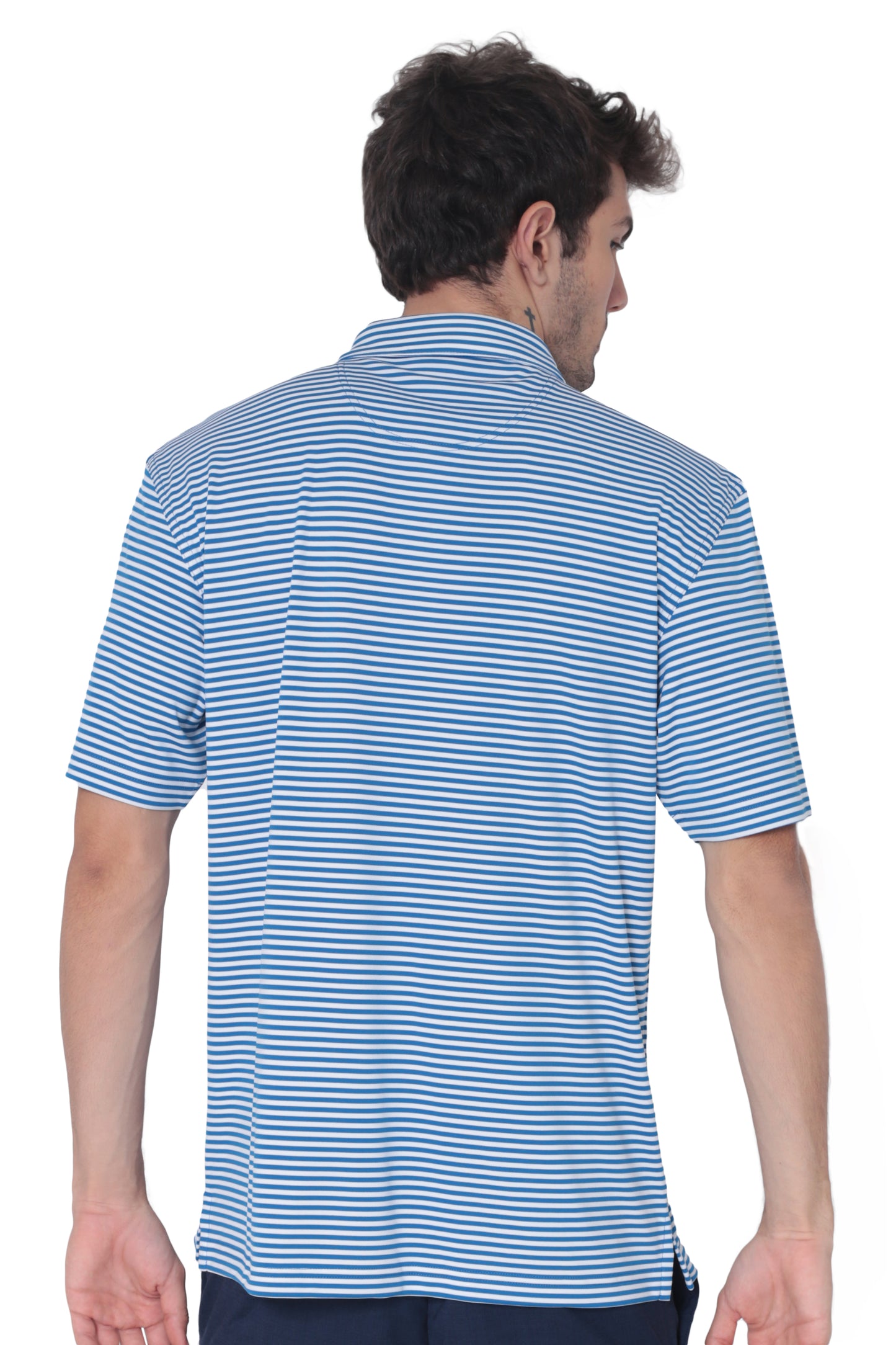 AVA Athletica Men's Polo Collar Moisture-Wick Active Wear Fine Striped T-Shirt Blue