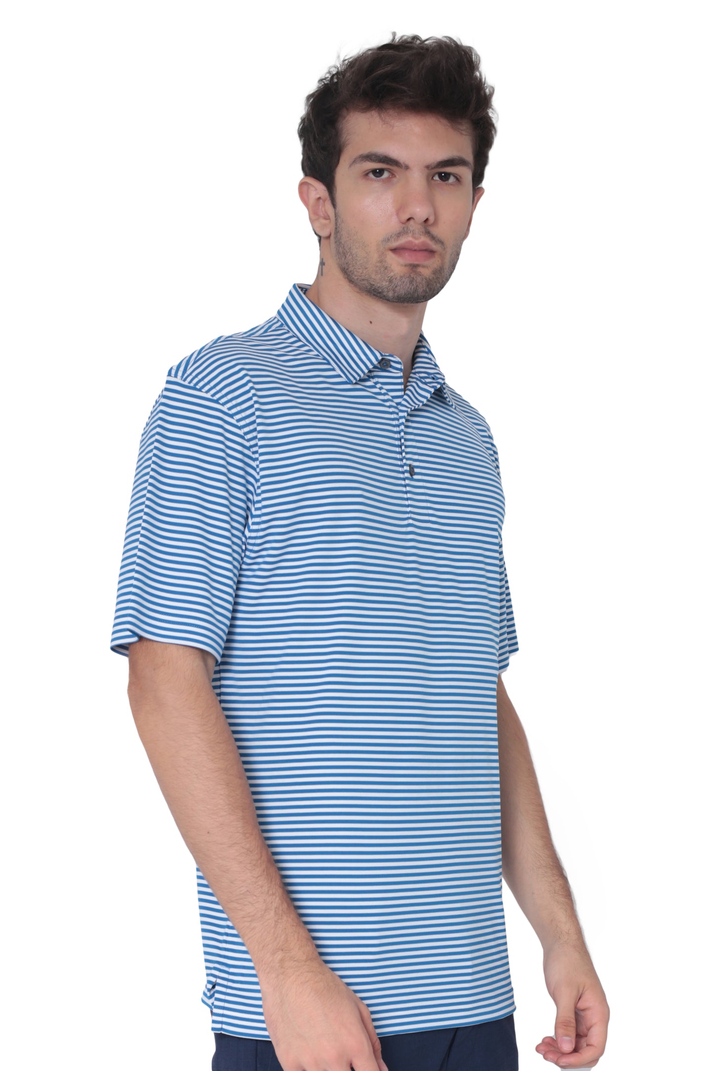 AVA Athletica Men's Polo Collar Moisture-Wick Active Wear Fine Striped T-Shirt Blue