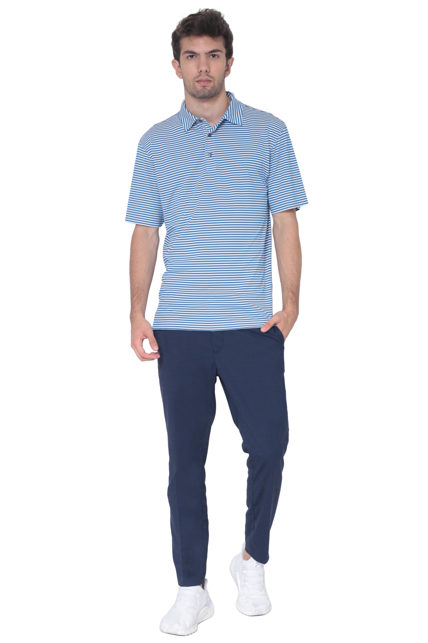 AVA Athletica Men's Polo Collar Moisture-Wick Active Wear Fine Striped T-Shirt Blue