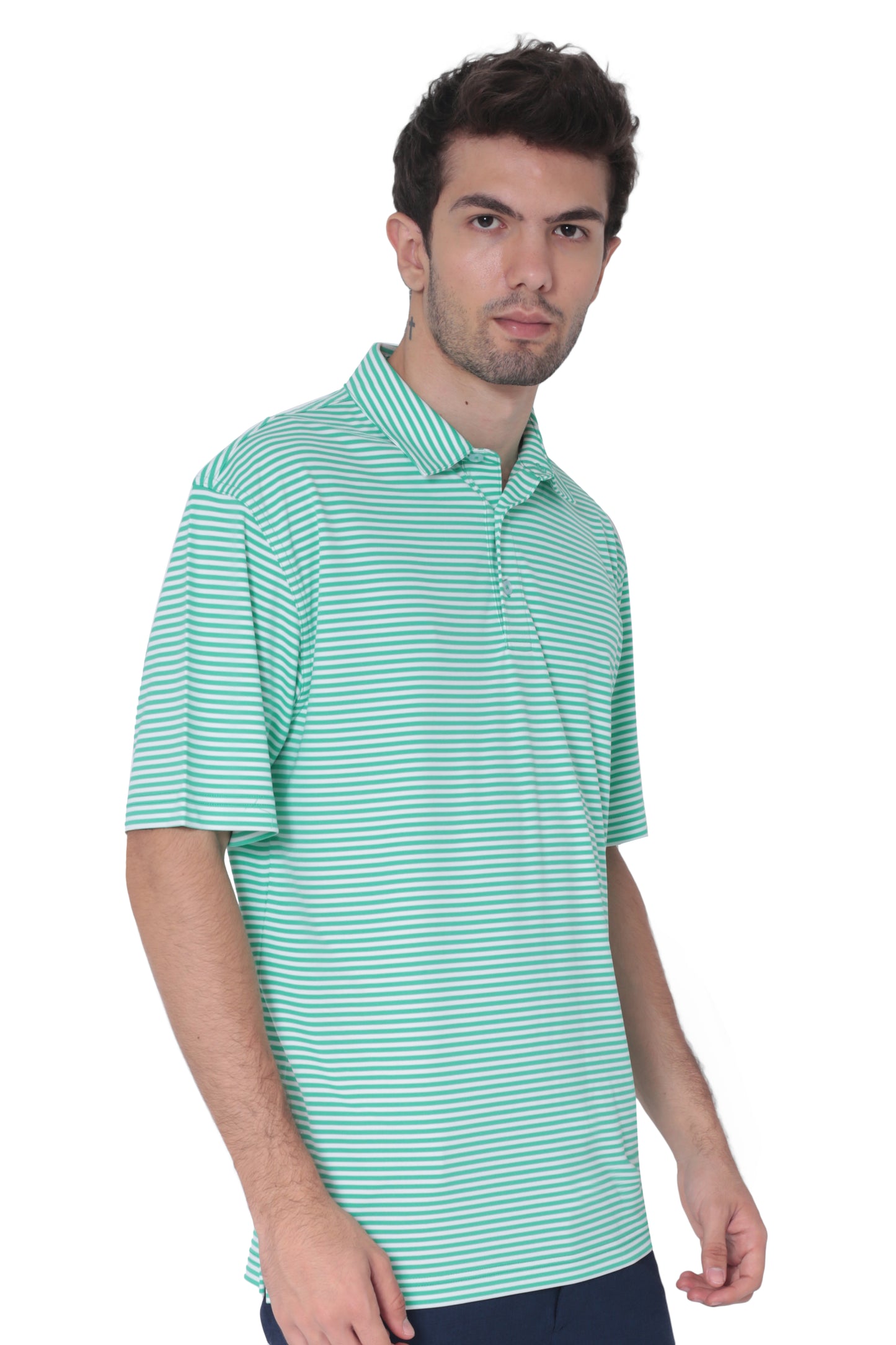 AVA Athletica Men's Polo Collar Moisture-Wick Active Wear Fine Striped T-Shirt Jade