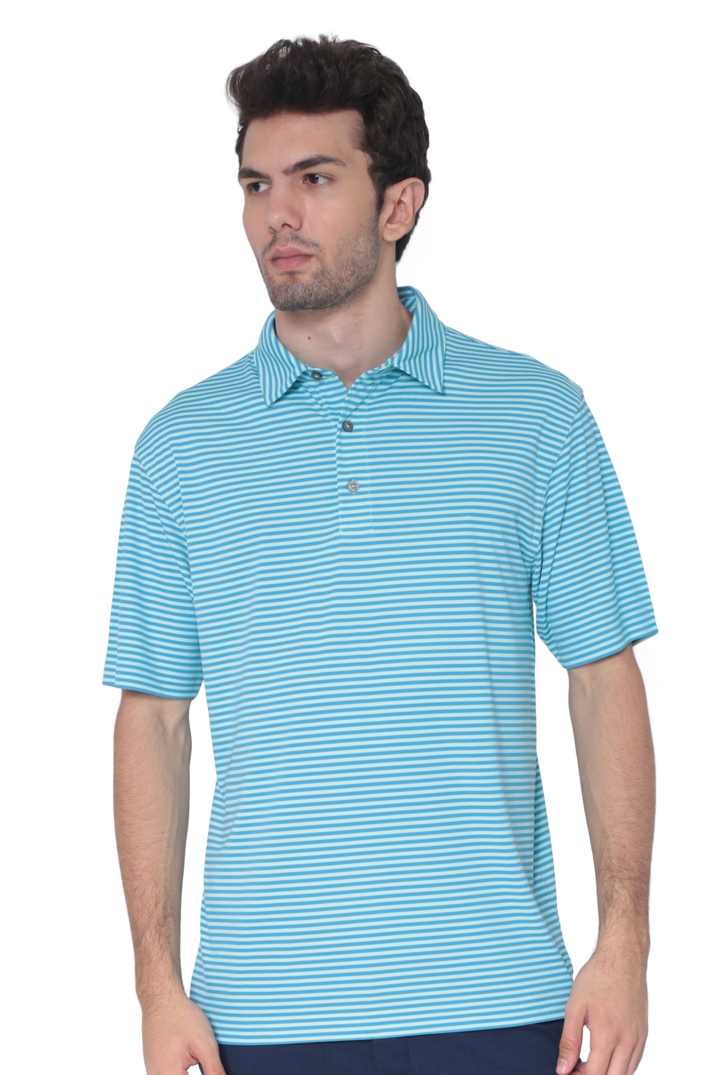 AVA Athletica Men's Polo Collar Moisture-Wick Active Wear Fine Striped T-Shirt Malibu Blue