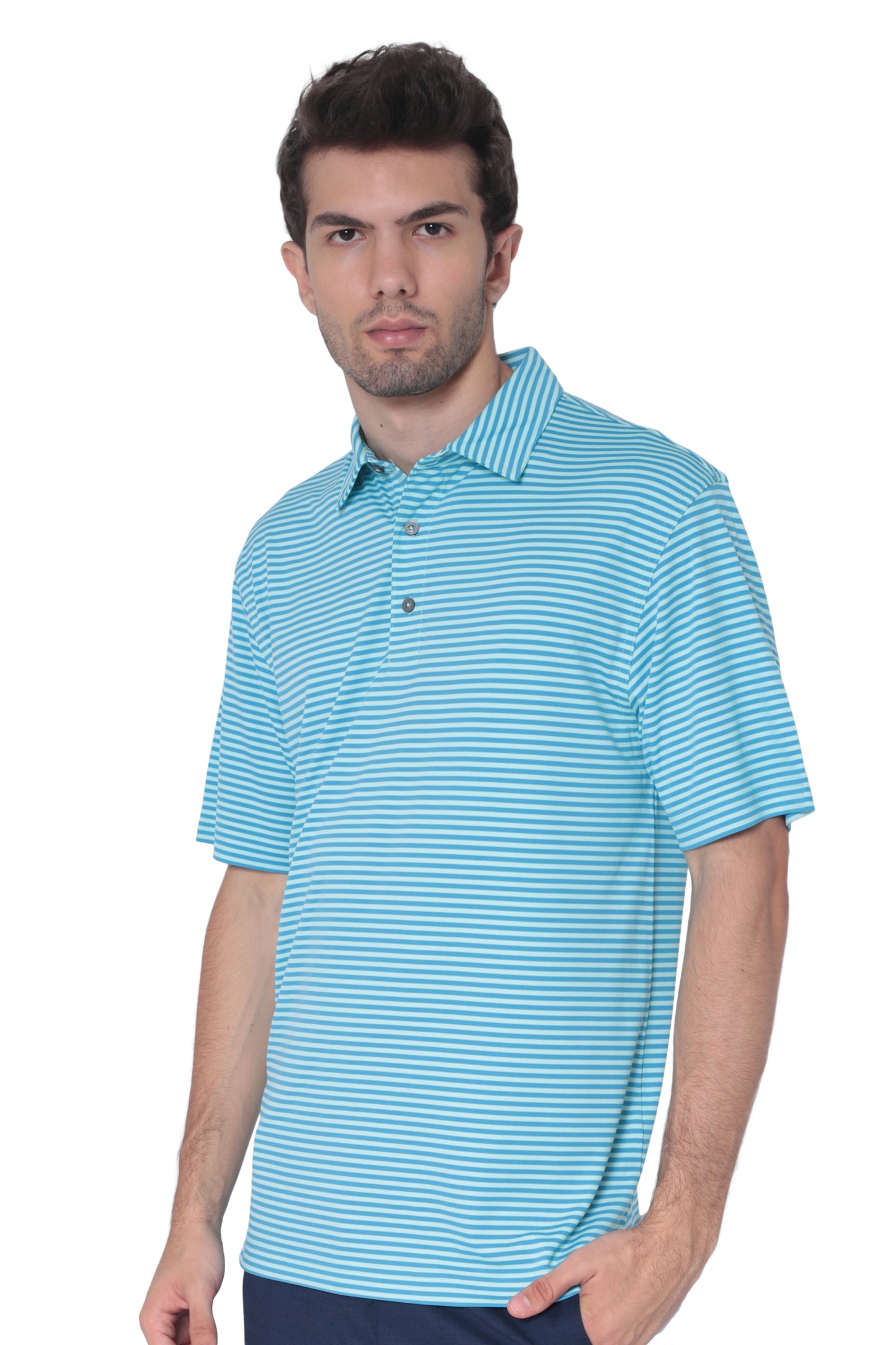 AVA Athletica Men's Polo Collar Moisture-Wick Active Wear Fine Striped T-Shirt Malibu Blue