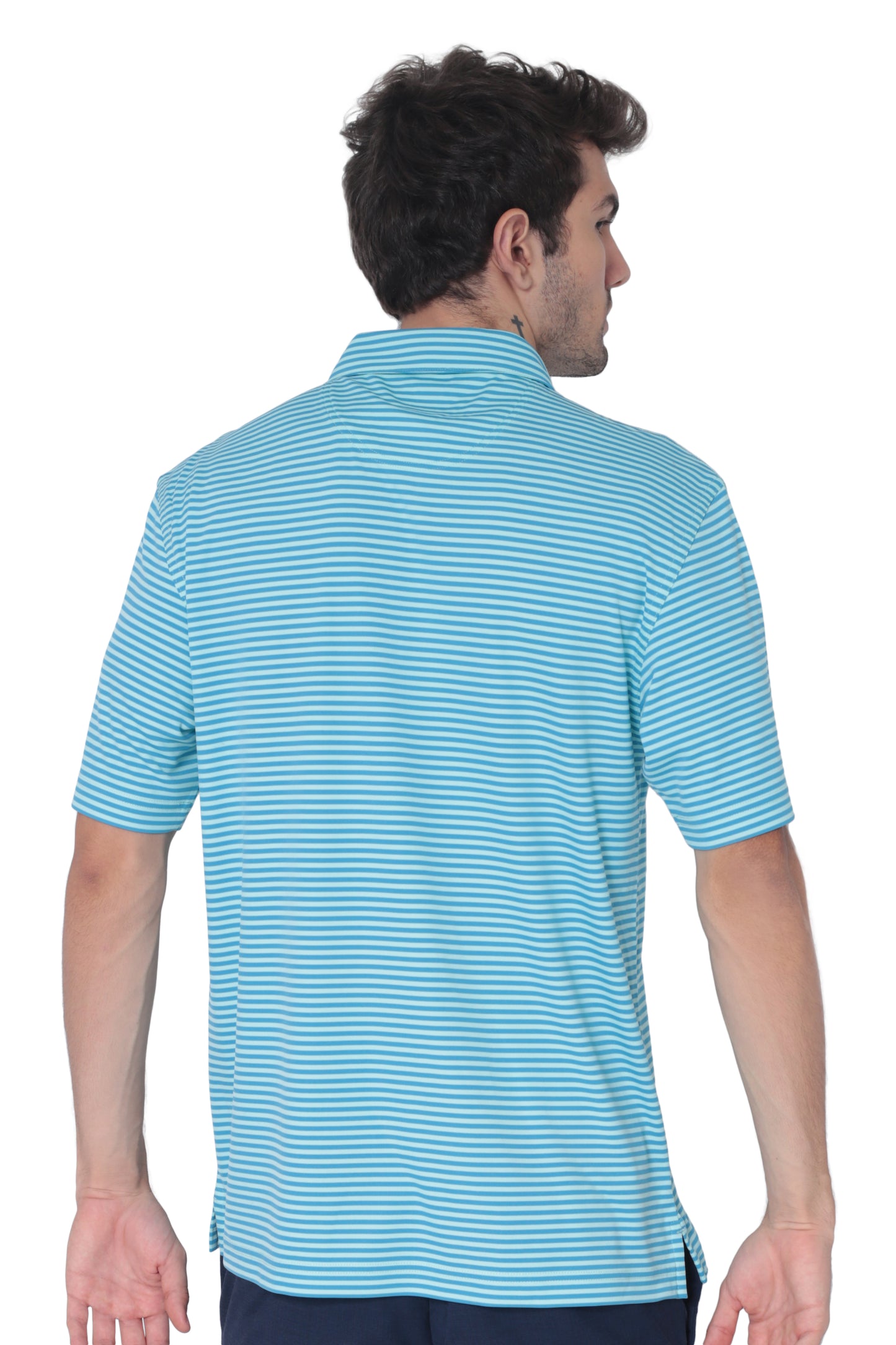 AVA Athletica Men's Polo Collar Moisture-Wick Active Wear Fine Striped T-Shirt Malibu Blue