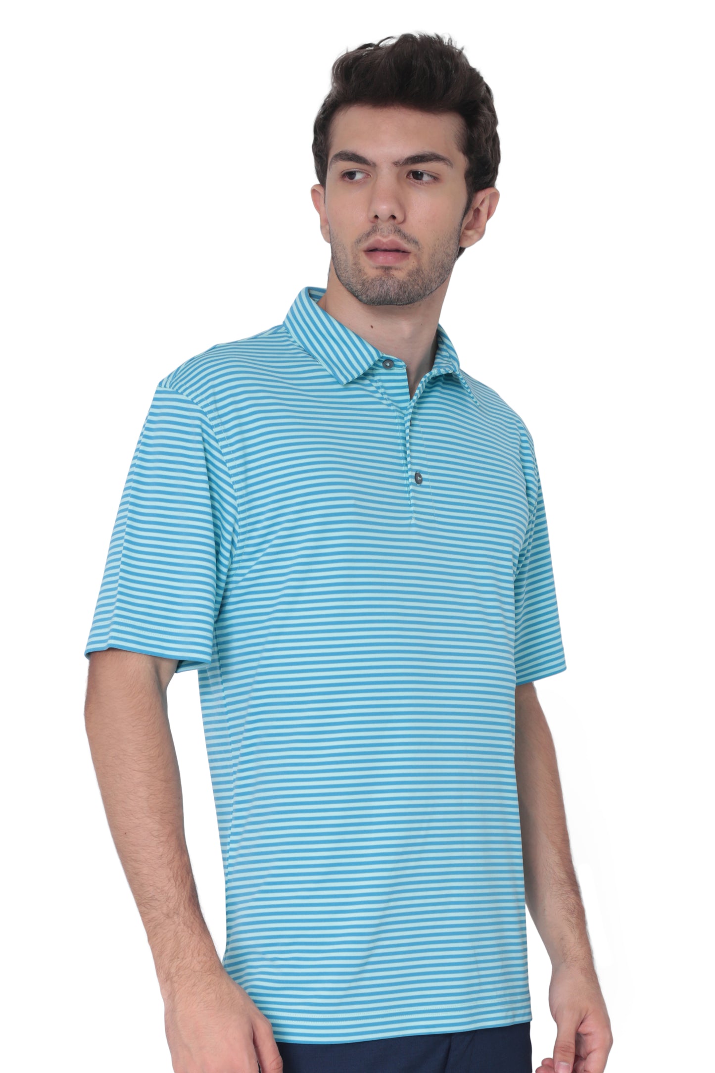 AVA Athletica Men's Polo Collar Moisture-Wick Active Wear Fine Striped T-Shirt Malibu Blue