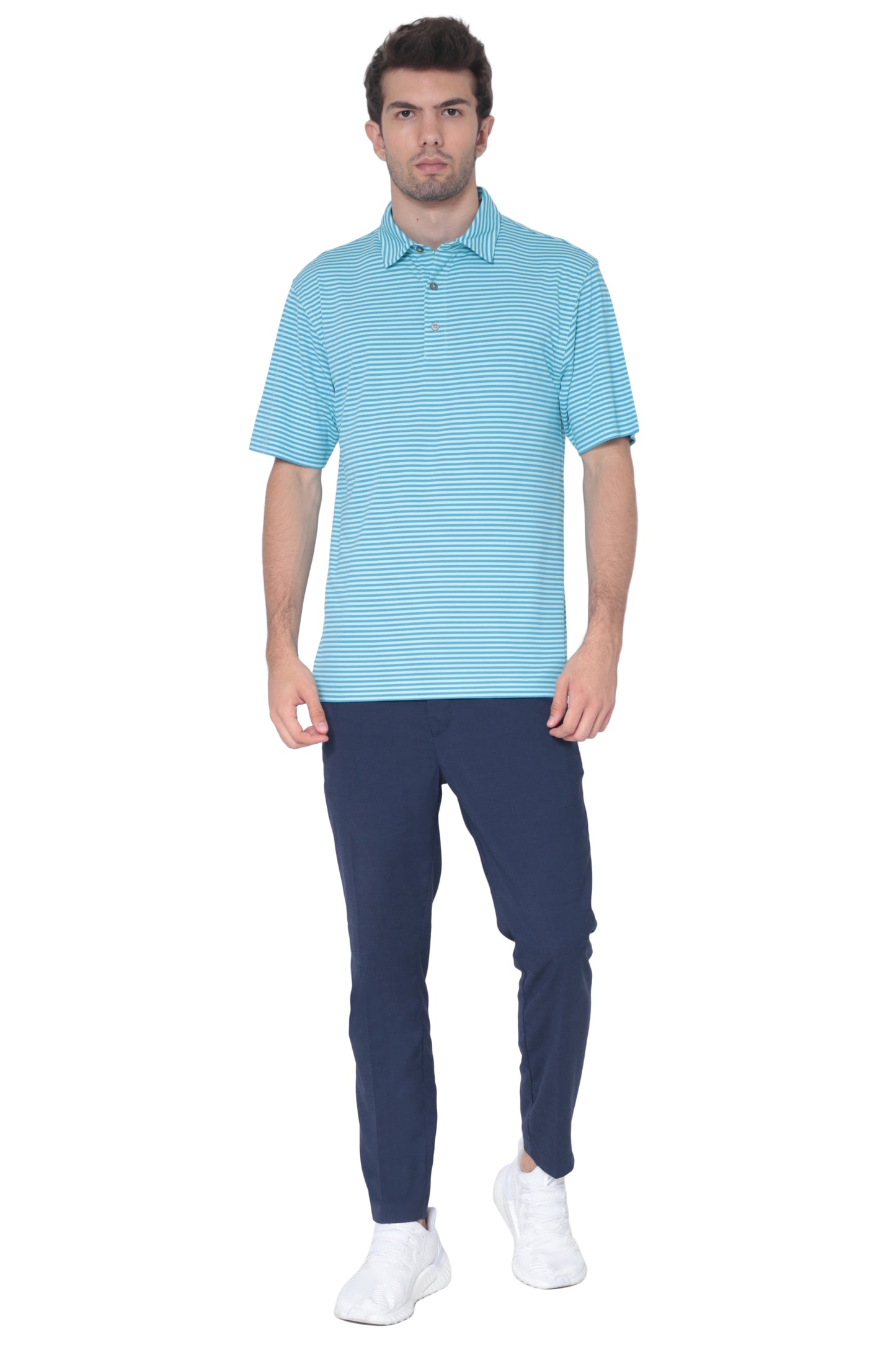 AVA Athletica Men's Polo Collar Moisture-Wick Active Wear Fine Striped T-Shirt Malibu Blue