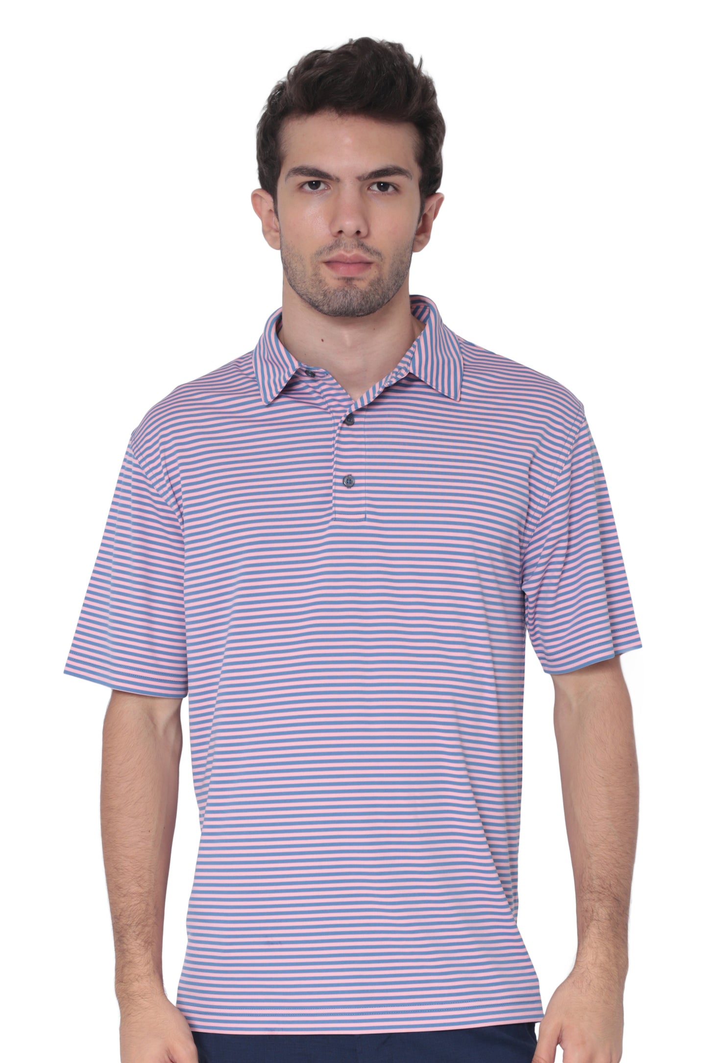 AVA Athletica Men's Polo Collar Moisture-Wick Active Wear Fine Striped T-Shirt; Salmon and Pink
