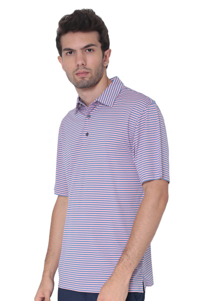 AVA Athletica Men's Polo Collar Moisture-Wick Active Wear Fine Striped T-Shirt; Salmon and Pink