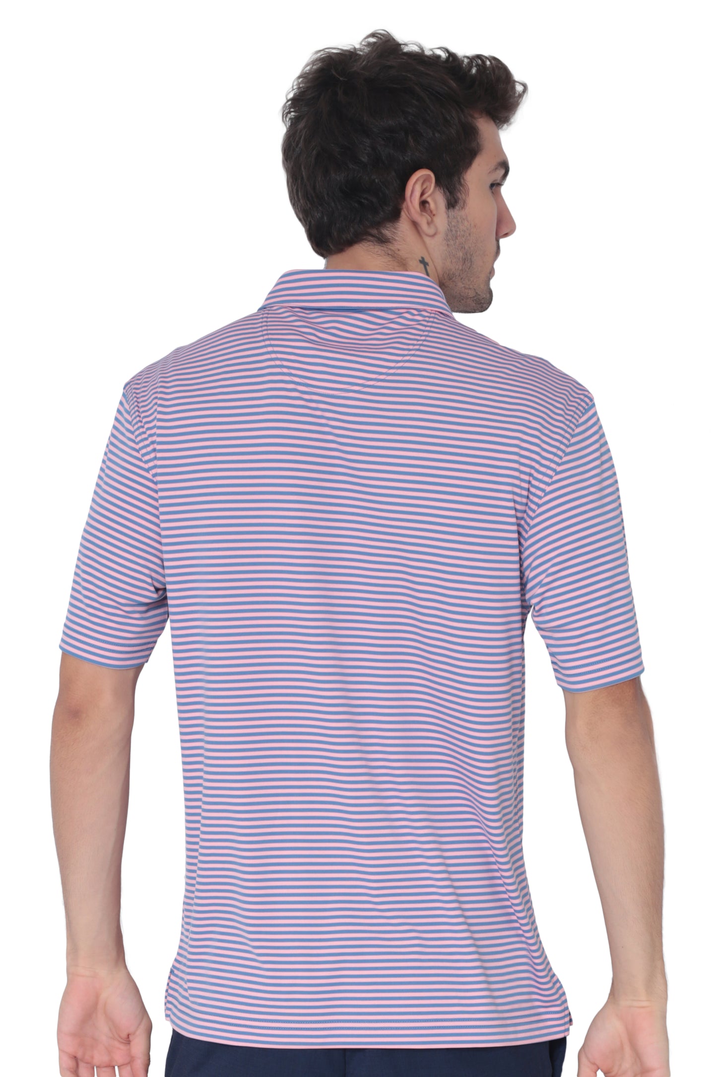 AVA Athletica Men's Polo Collar Moisture-Wick Active Wear Fine Striped T-Shirt; Salmon and Pink