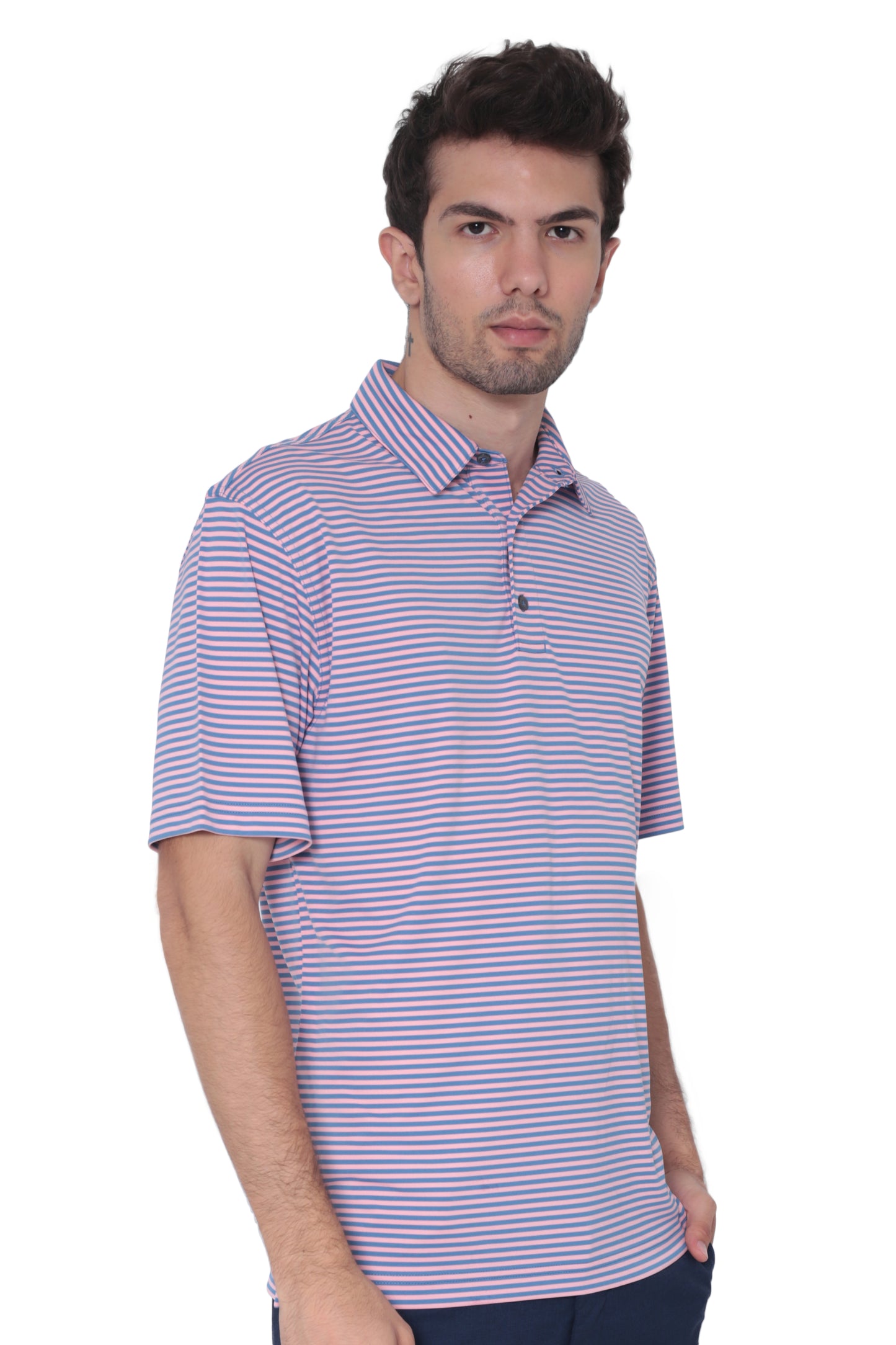 AVA Athletica Men's Polo Collar Moisture-Wick Active Wear Fine Striped T-Shirt; Salmon and Pink