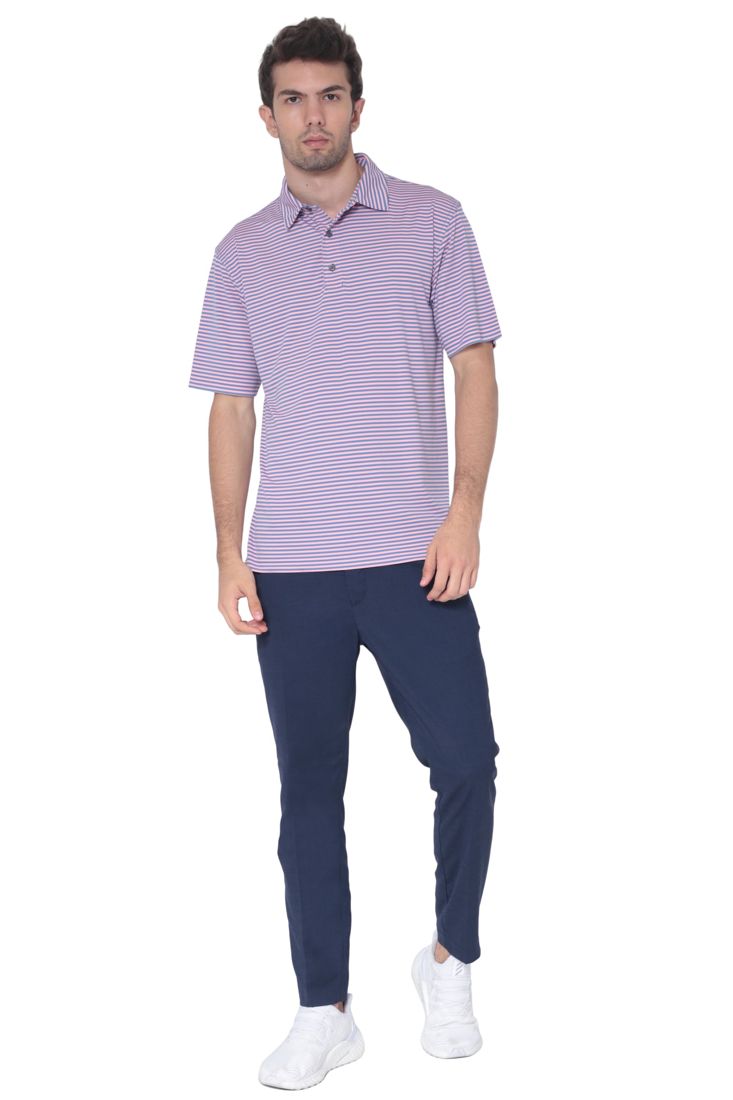 AVA Athletica Men's Polo Collar Moisture-Wick Active Wear Fine Striped T-Shirt; Salmon and Pink
