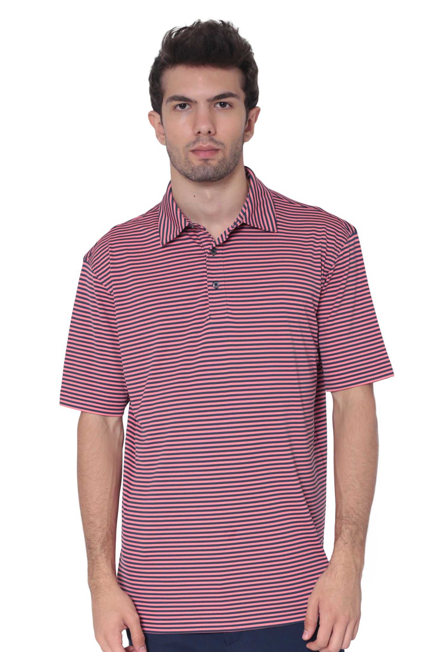 AVA Athletica Men's Polo Collar Moisture-Wick Active Wear Fine Striped T-Shirt Rose