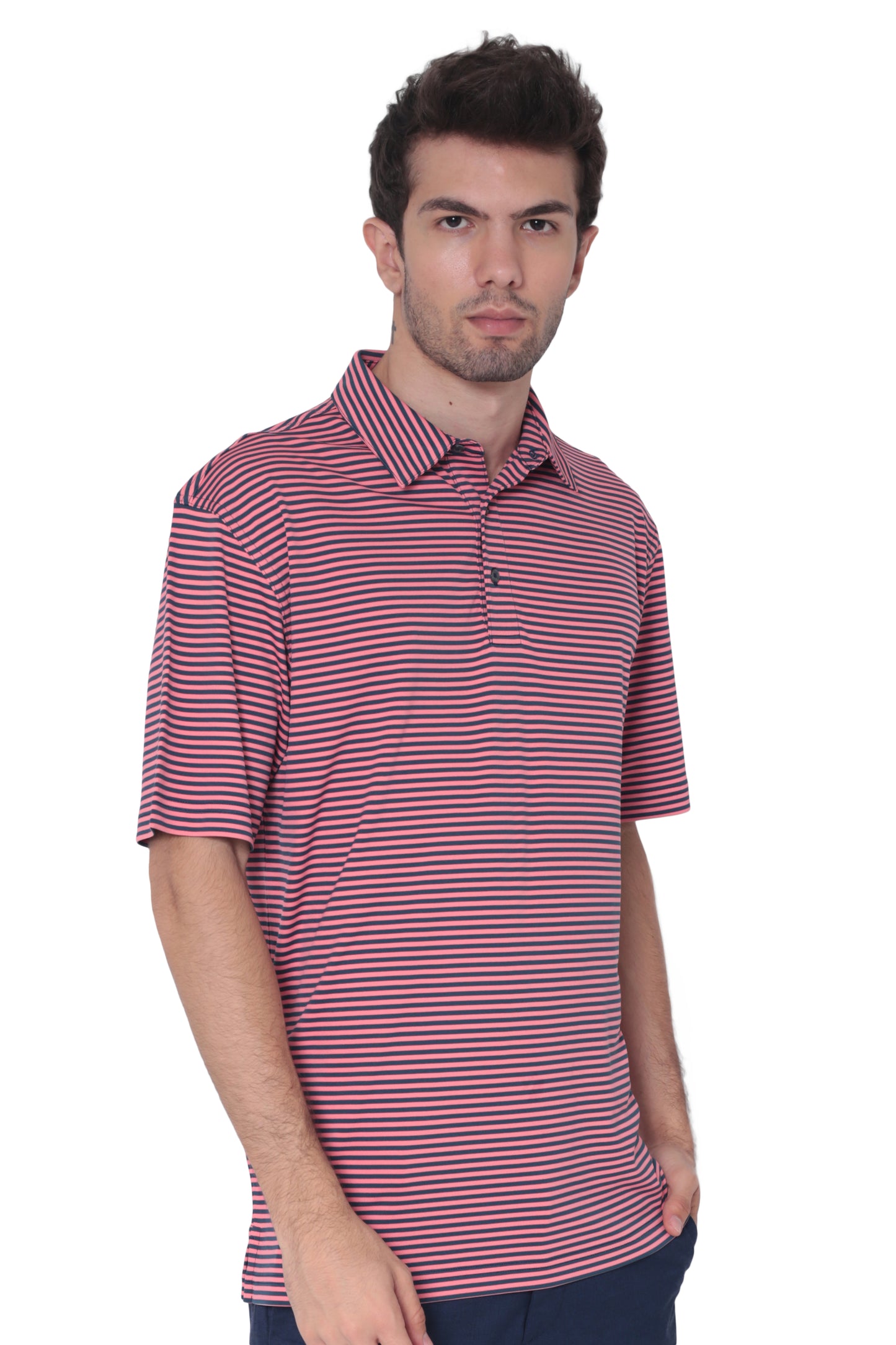 AVA Athletica Men's Polo Collar Moisture-Wick Active Wear Fine Striped T-Shirt Rose