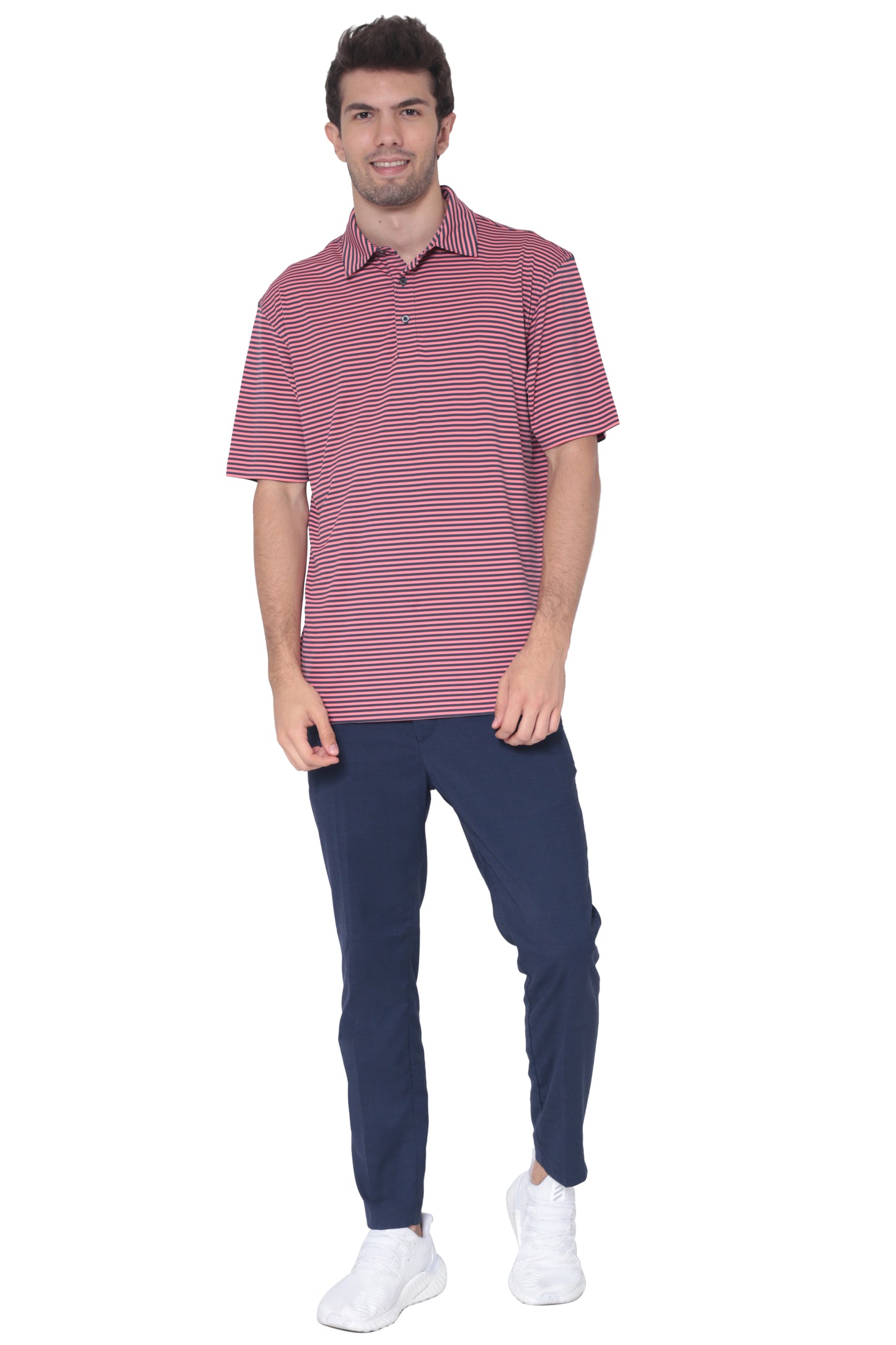 AVA Athletica Men's Polo Collar Moisture-Wick Active Wear Fine Striped T-Shirt Rose