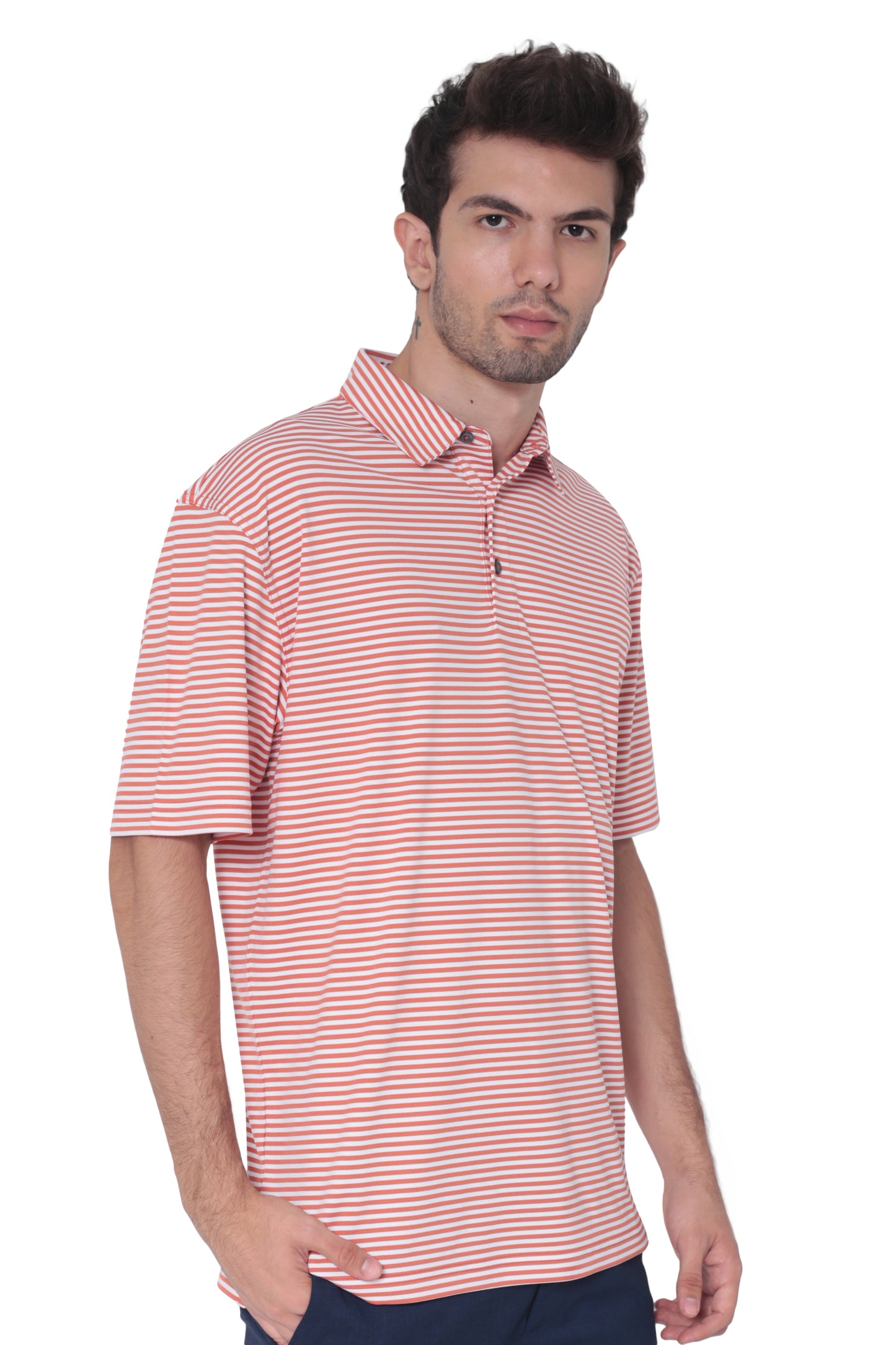 AVA Athletica Men's Polo Collar Moisture-Wick Active Wear Fine Striped T-Shirt Ginger
