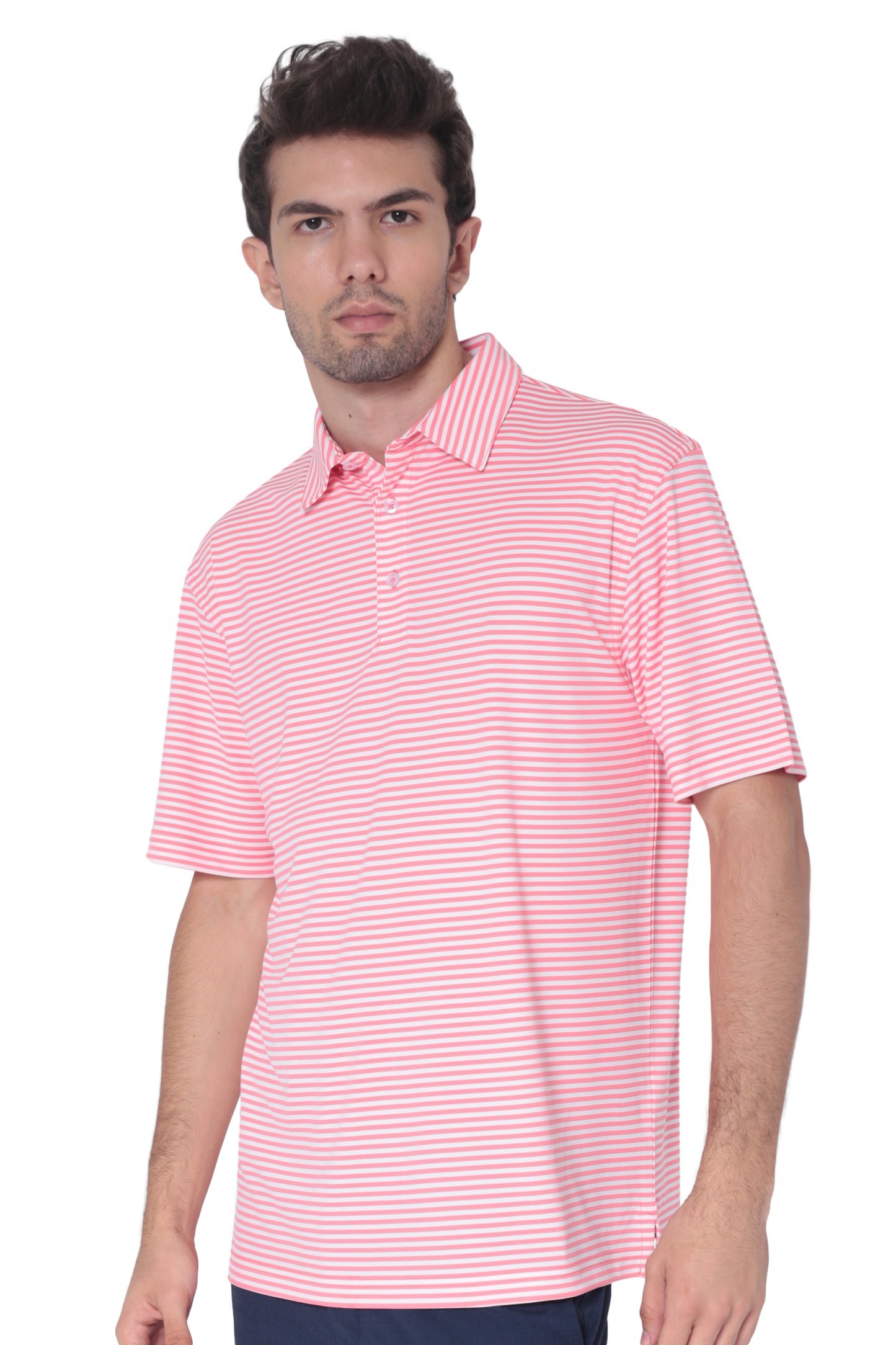 AVA Athletica Men's Polo Collar Moisture-Wick Active Wear Fine Striped T-Shirt Pink