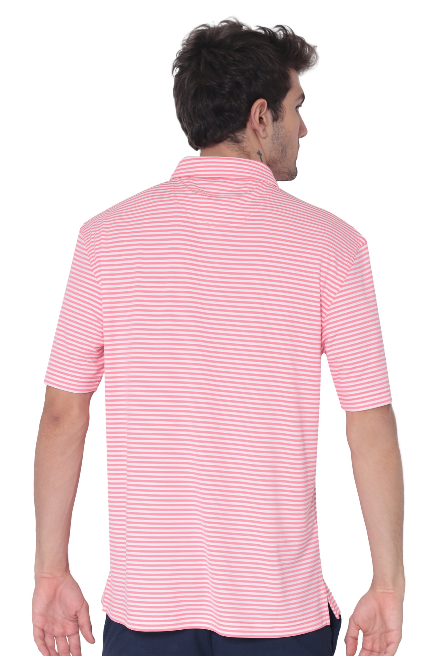 AVA Athletica Men's Polo Collar Moisture-Wick Active Wear Fine Striped T-Shirt Pink