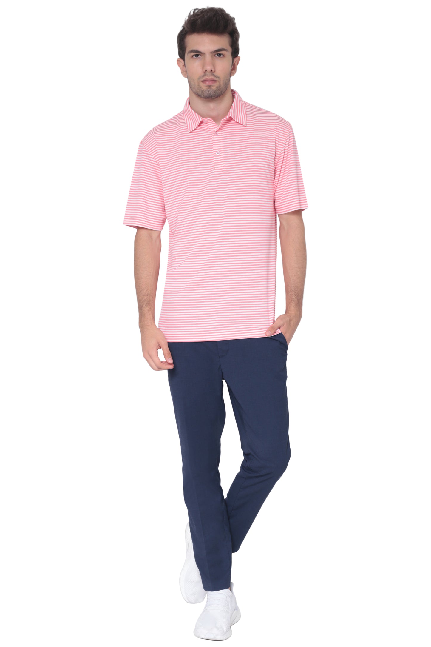 AVA Athletica Men's Polo Collar Moisture-Wick Active Wear Fine Striped T-Shirt Pink