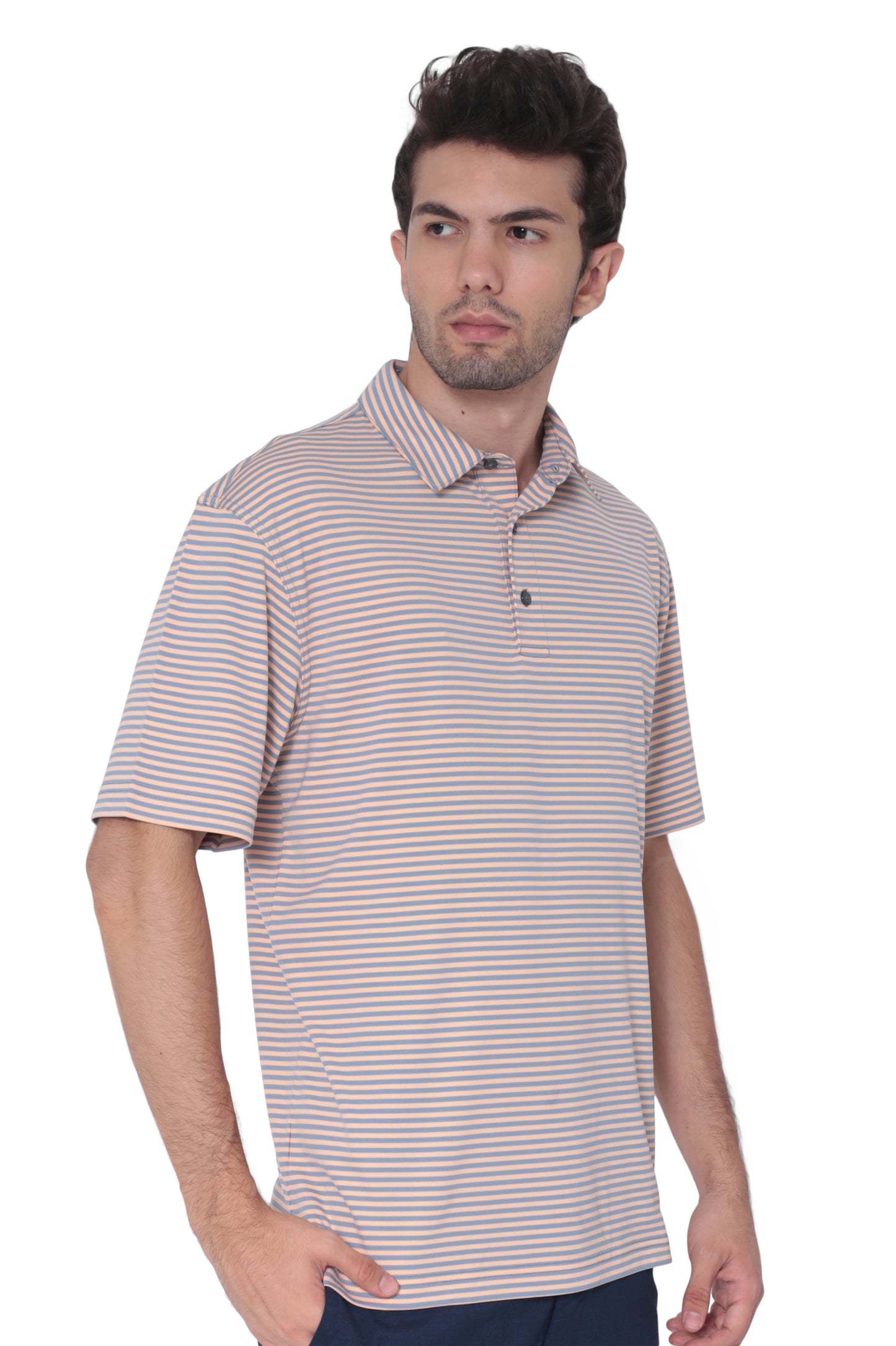 AVA Athletica Men's Polo Collar Moisture-Wick Active Wear Fine Striped T-Shirt Amber