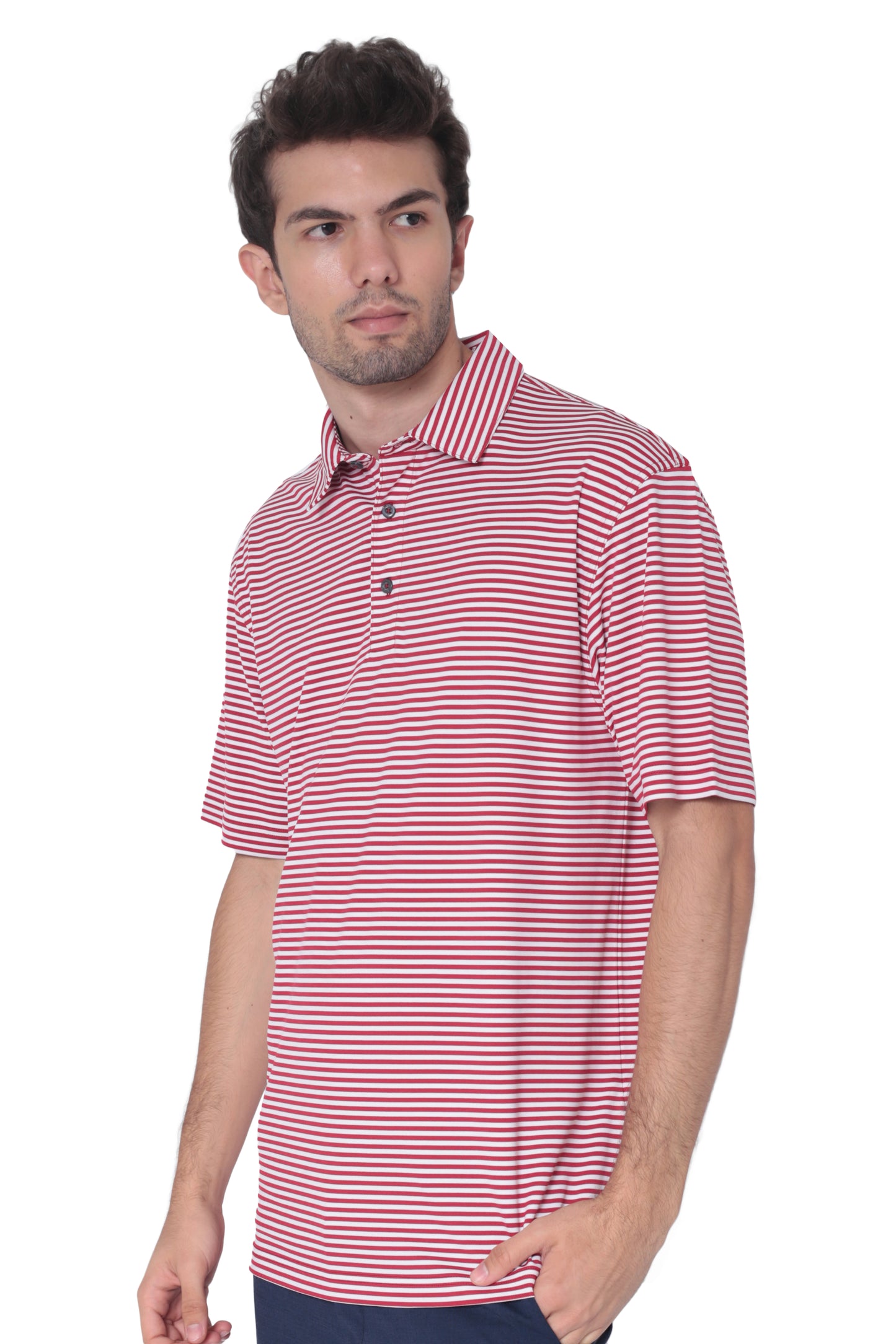 AVA Athletica Men's Polo Collar Moisture-Wick Active Wear Fine Striped T-Shirt Red