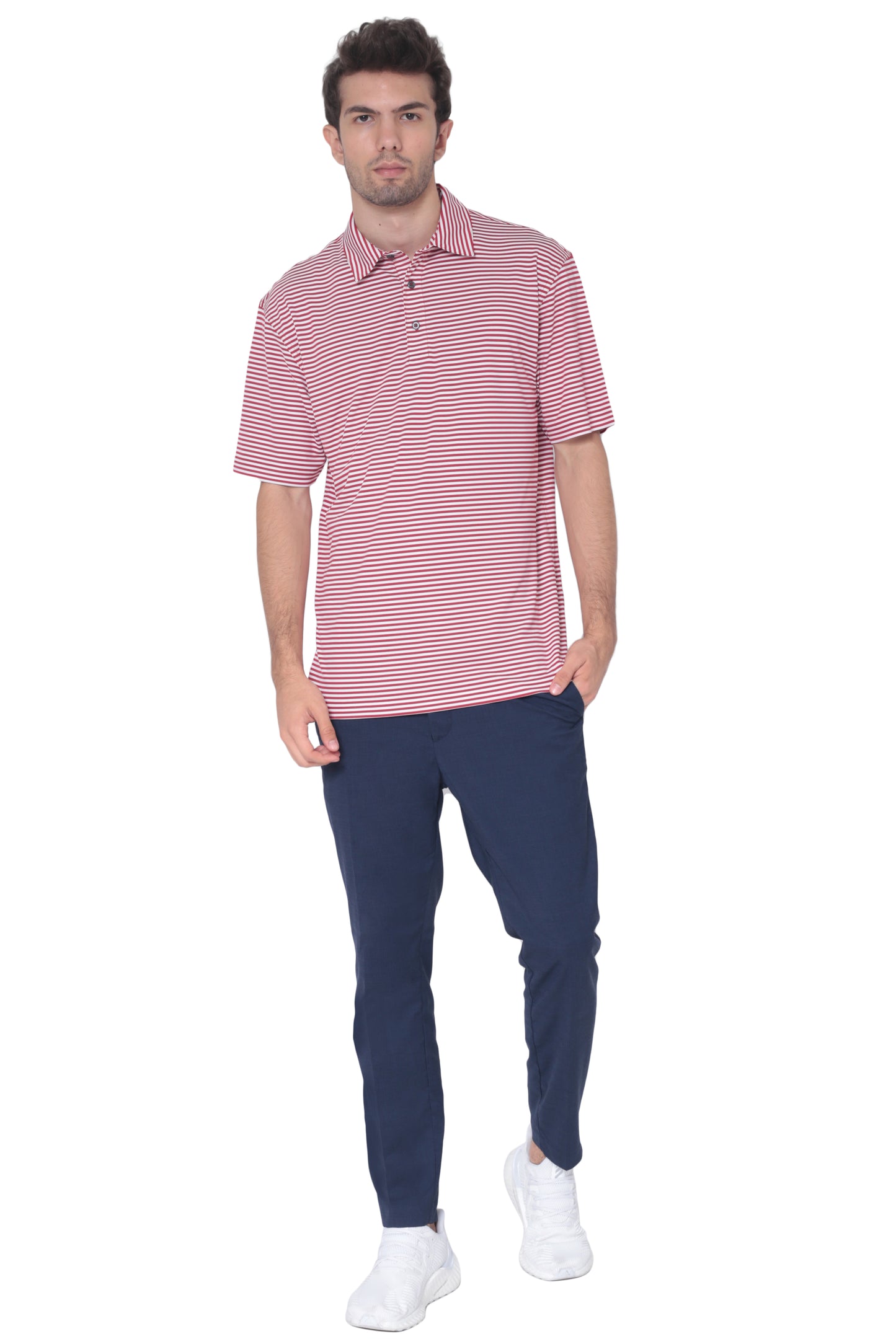 AVA Athletica Men's Polo Collar Moisture-Wick Active Wear Fine Striped T-Shirt Red
