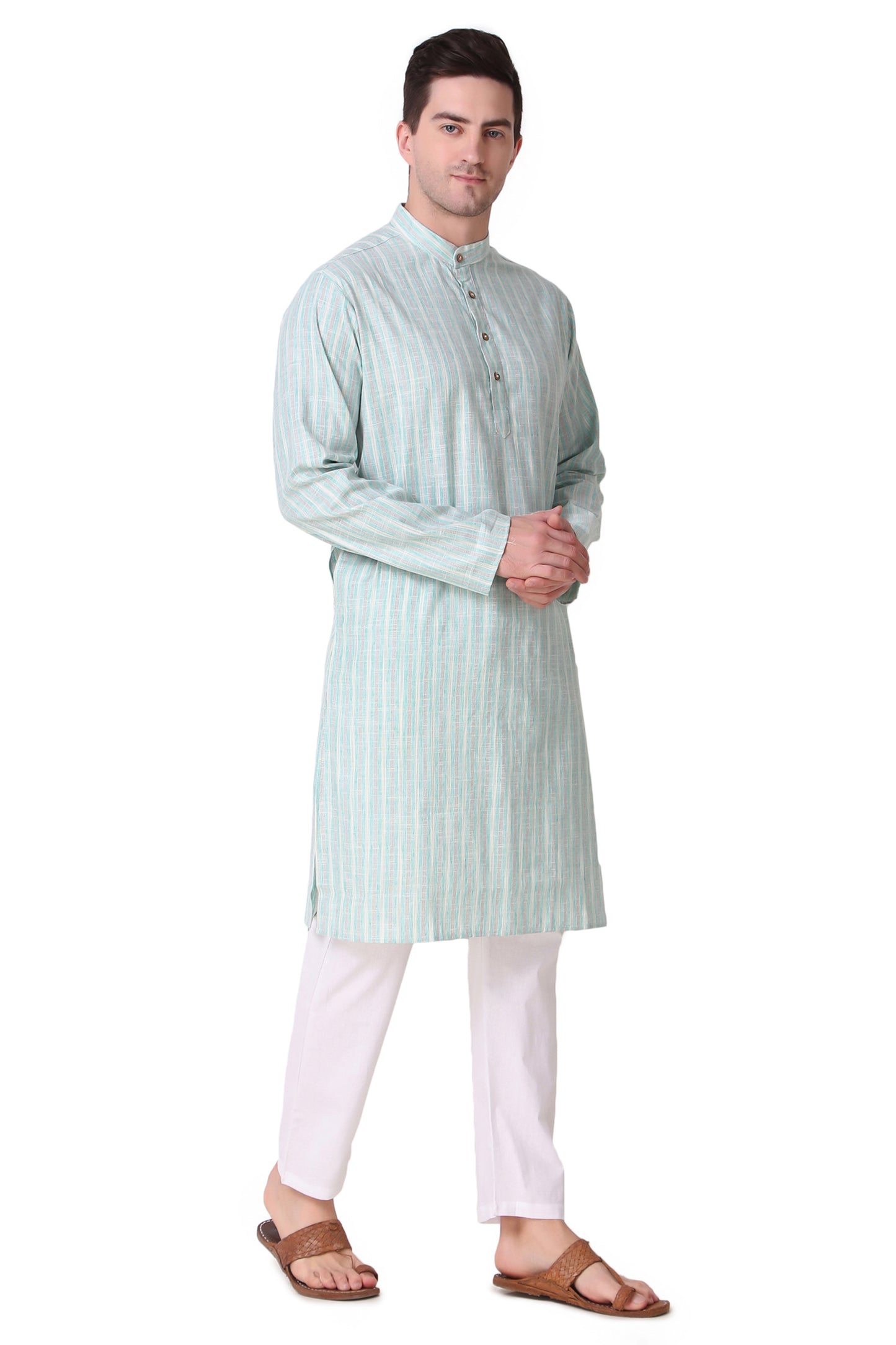 In-Sattva Men's Banded Collar Vintage Cotton Striped Tea Green Long Kurta Tunic with White Pants | Right View