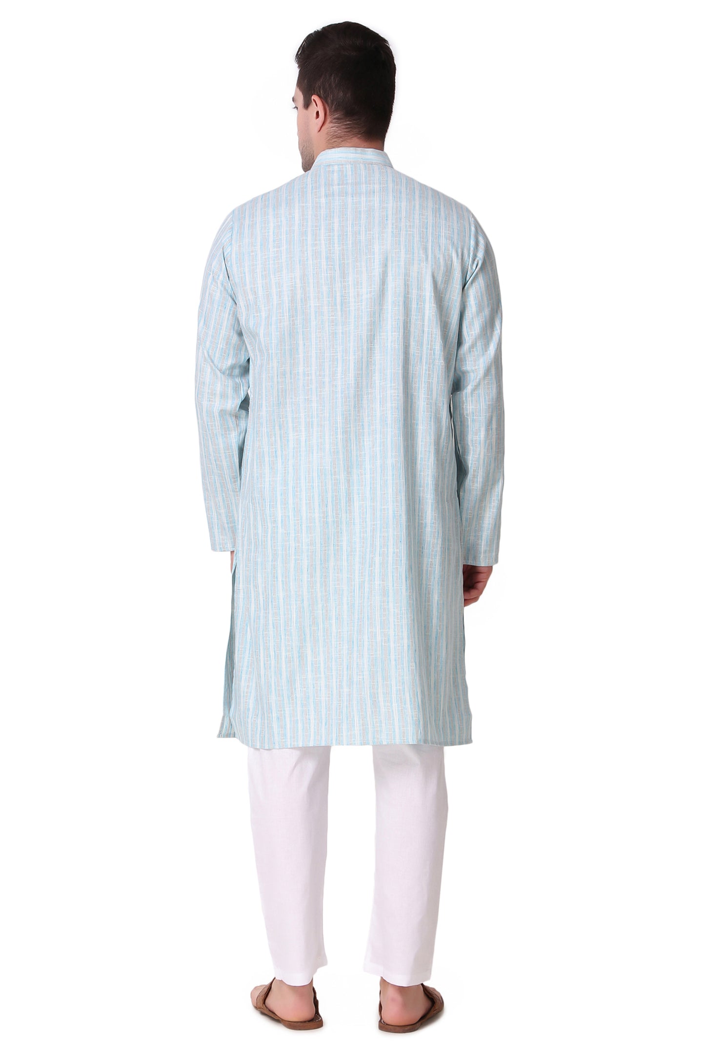 In-Sattva Men's Banded Collar Vintage Cotton Striped Sky Blue Long Kurta Tunic with White Pants | Back View