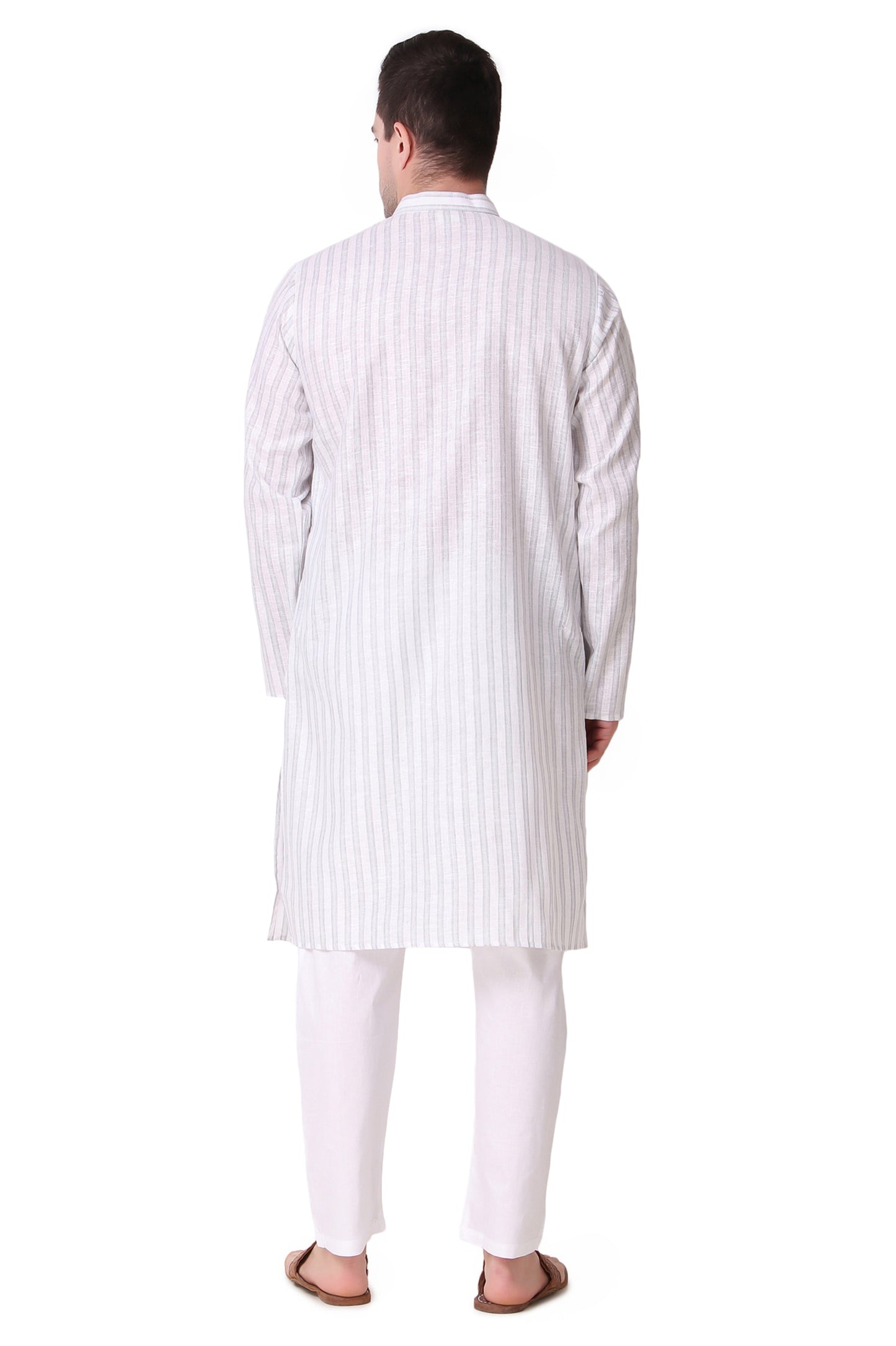 In-Sattva Men's Banded Collar Vintage Cotton Striped Light Grey Long Kurta Tunic with White Pants | Back View