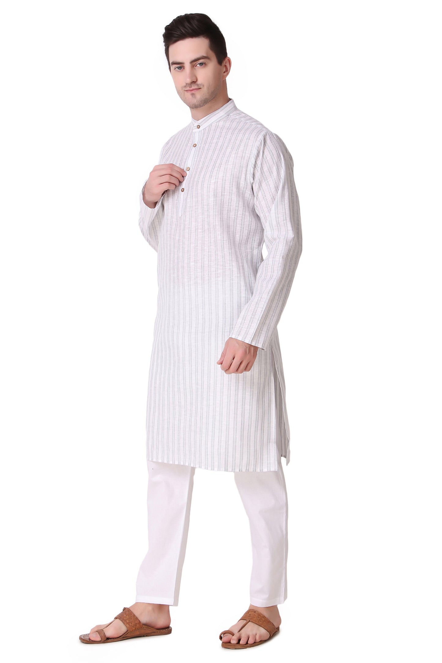 In-Sattva Men's Banded Collar Vintage Cotton Striped Light Grey Long Kurta Tunic with White Pants | Left View
