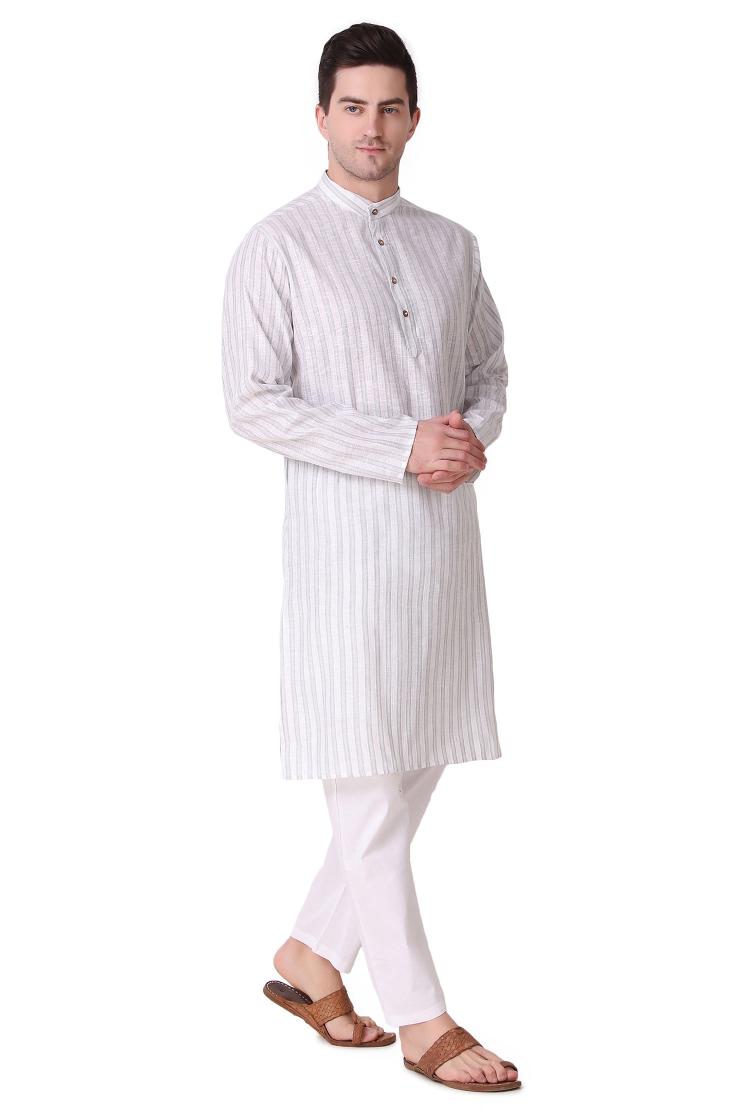 In-Sattva Men's Banded Collar Vintage Cotton Striped Light Grey Long Kurta Tunic with White Pants | Right View