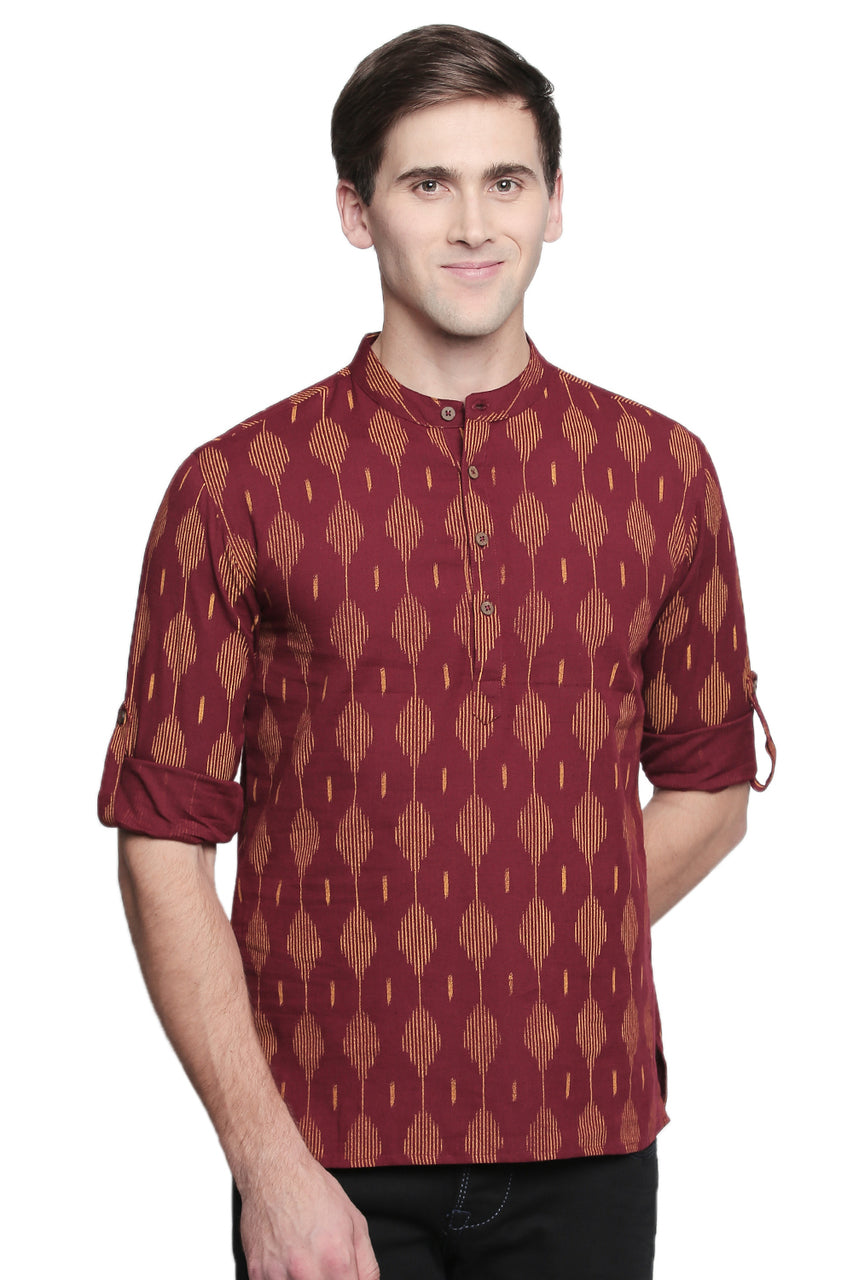 Men's Kurta Tunic : Handmade with Ikkat Print - Front | In-Sattva