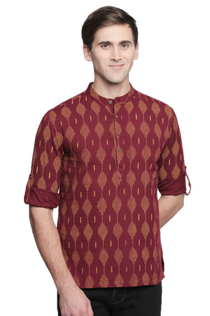 Men's Kurta Tunic : Handmade with Ikkat Print - Front | In-Sattva