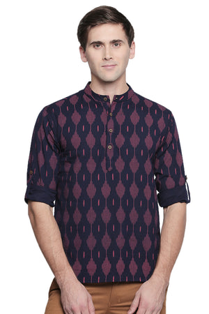 Men's Kurta Tunic : Handmade with Ikkat Print - Front | In-Sattva