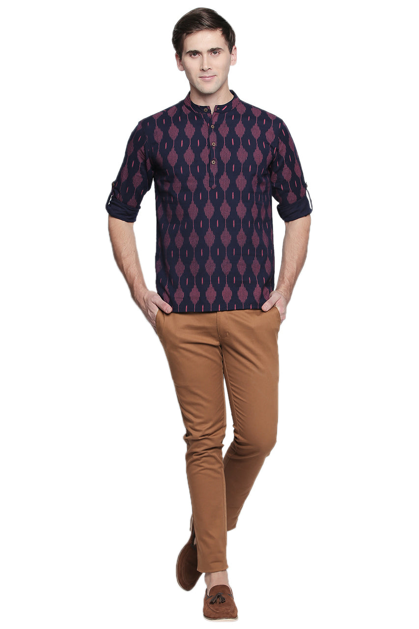 Men's Kurta Tunic : Handmade with Ikkat Print - Full Display | In-Sattva