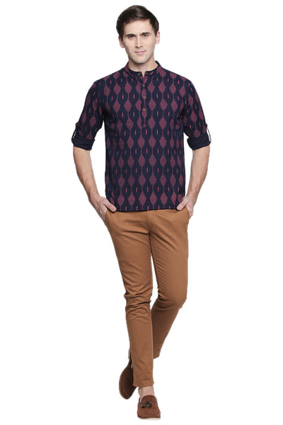 Men's Kurta Tunic : Handmade with Ikkat Print - Full Display | In-Sattva