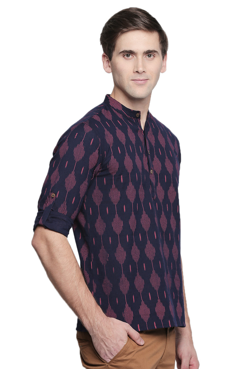 Men's Kurta Tunic : Handmade with Ikkat Print - Side | In-Sattva