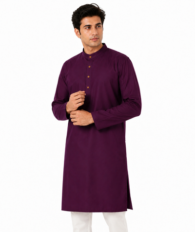 In-Sattva Men's Indian Banded Classic Collar Pure Cotton Long Ruby Wine Kurta Tunic