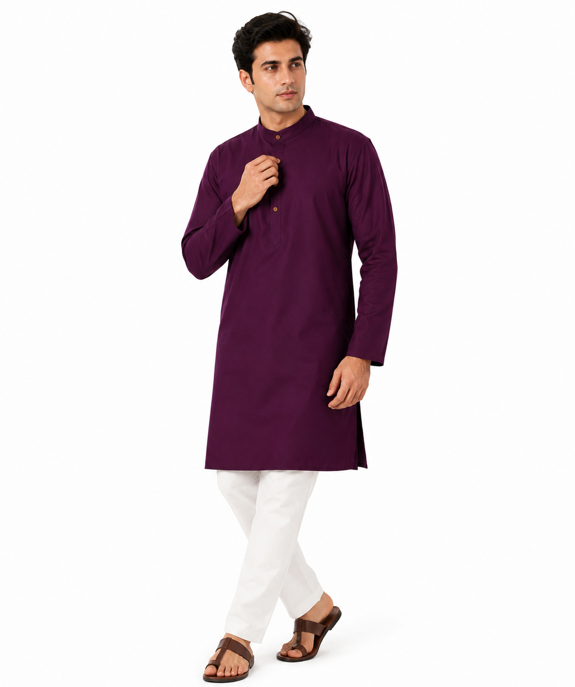 In-Sattva Men's Indian Banded Classic Collar Pure Cotton Long Ruby Wine Kurta Tunic