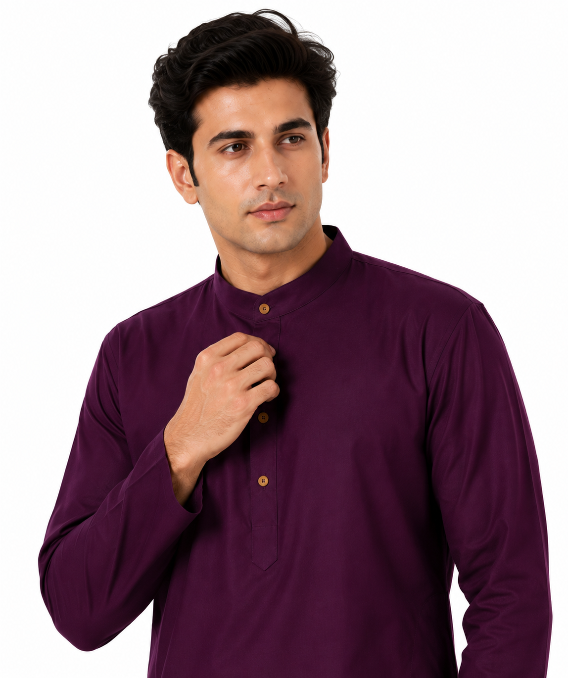 In-Sattva Men's Indian Banded Classic Collar Pure Cotton Long Ruby Wine Kurta Tunic