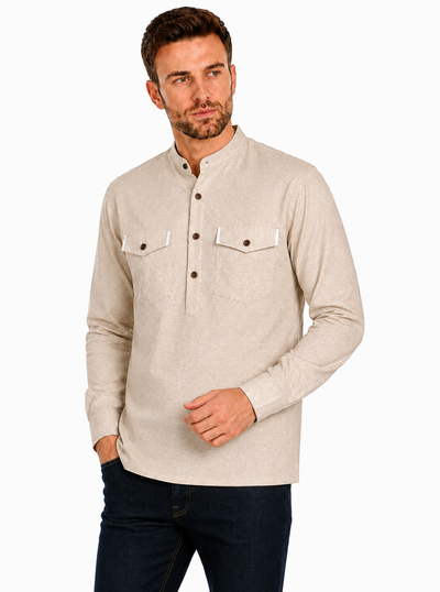 In-Sattva Men's Double-Breasted Pullover Sattva-Collar Henley Style Kurta Tunic; Espresso Brown