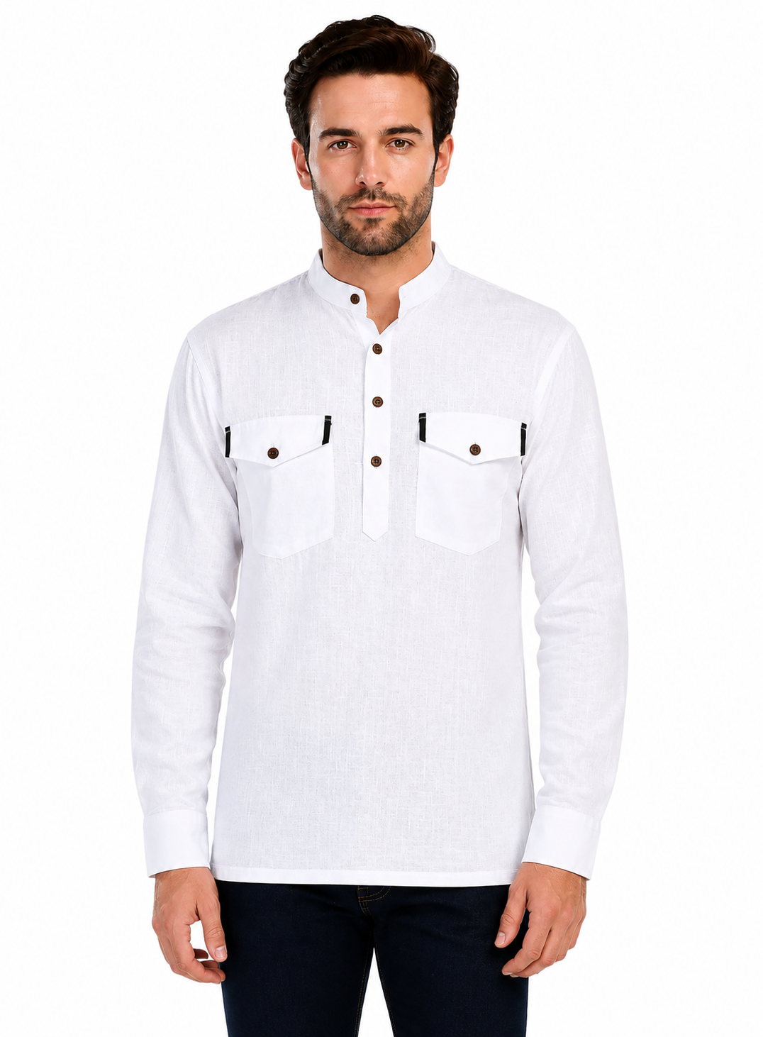 In-Sattva Men's Double-Breasted Pullover Sattva-Collar Henley Style Kurta Tunic; Pearl White