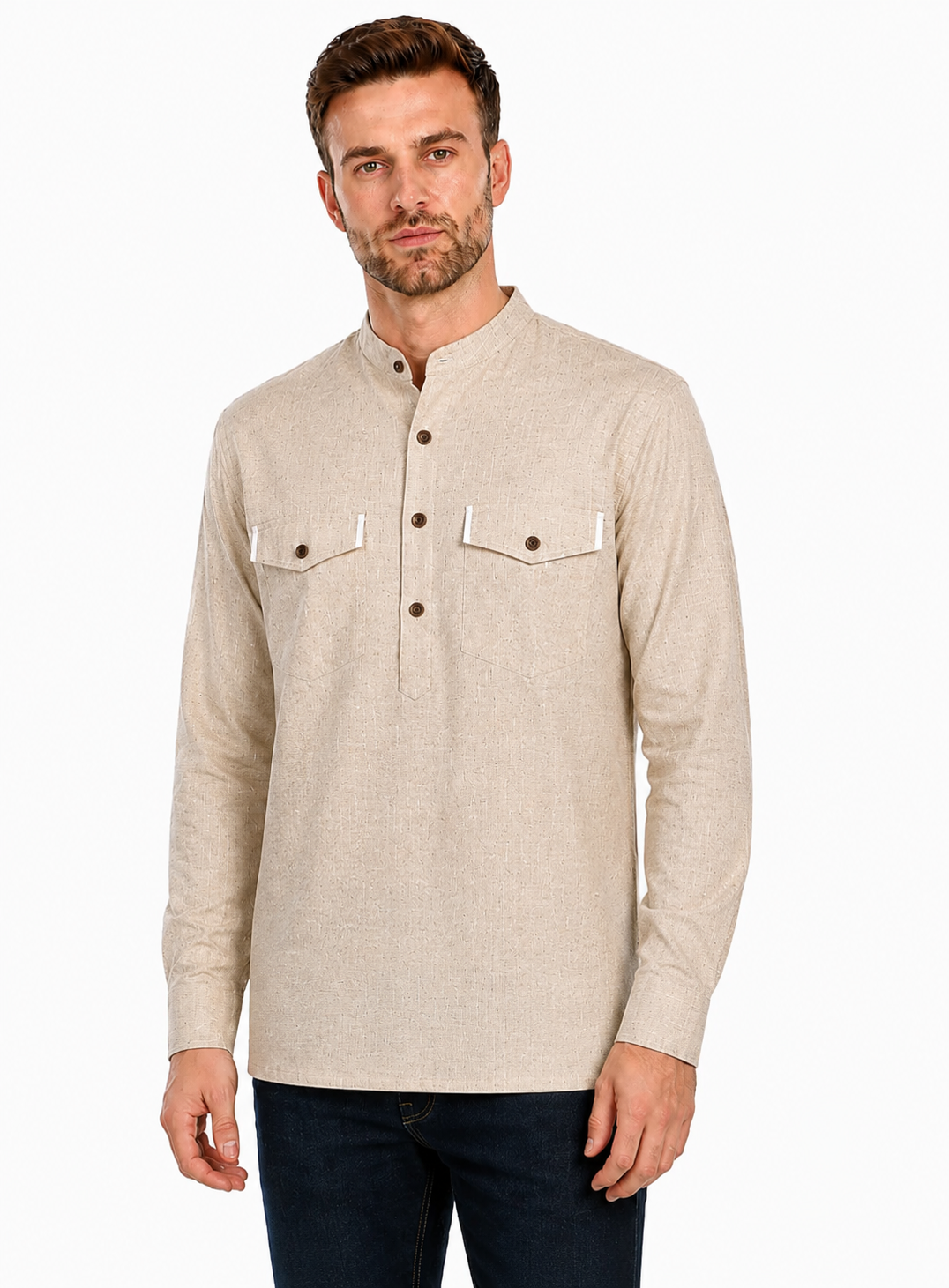 In-Sattva Men's Double-Breasted Pullover Sattva-Collar Henley Style Kurta Tunic; Espresso Brown