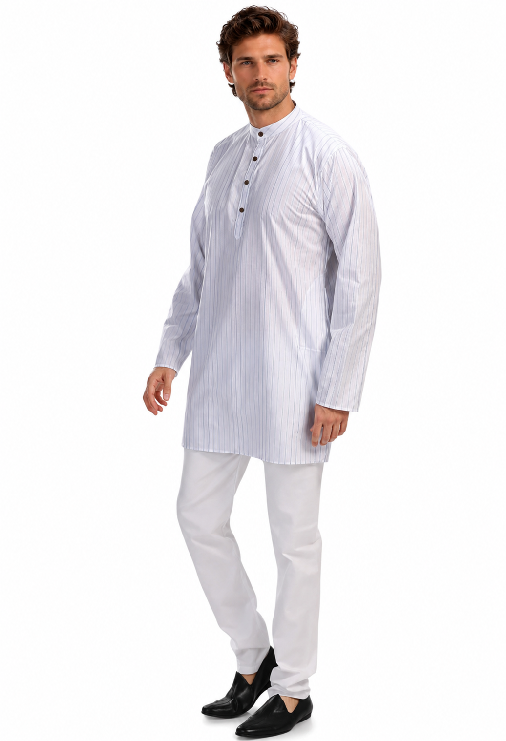 In-Sattva Men's Handloom Cotton Vintage Pinstriped Thigh-Length Kurta Tunic; Striped Blue